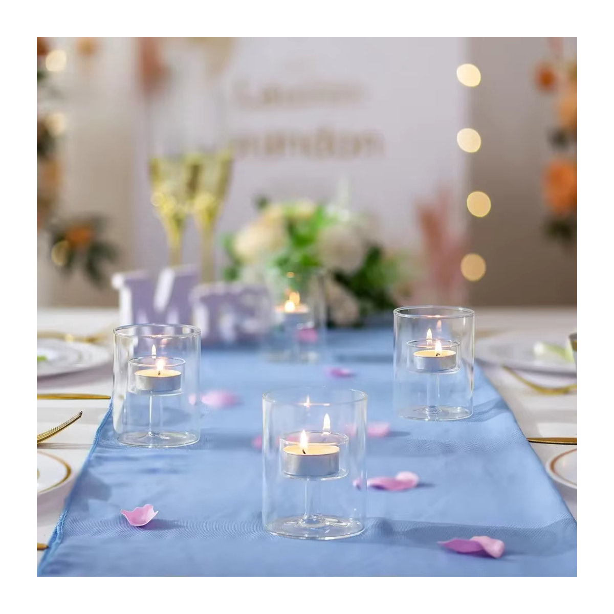 Minimalistischer Teelichthalter aus Glas in Transparent für Hochzeitsdekoration und Esszimmer - Bild 3