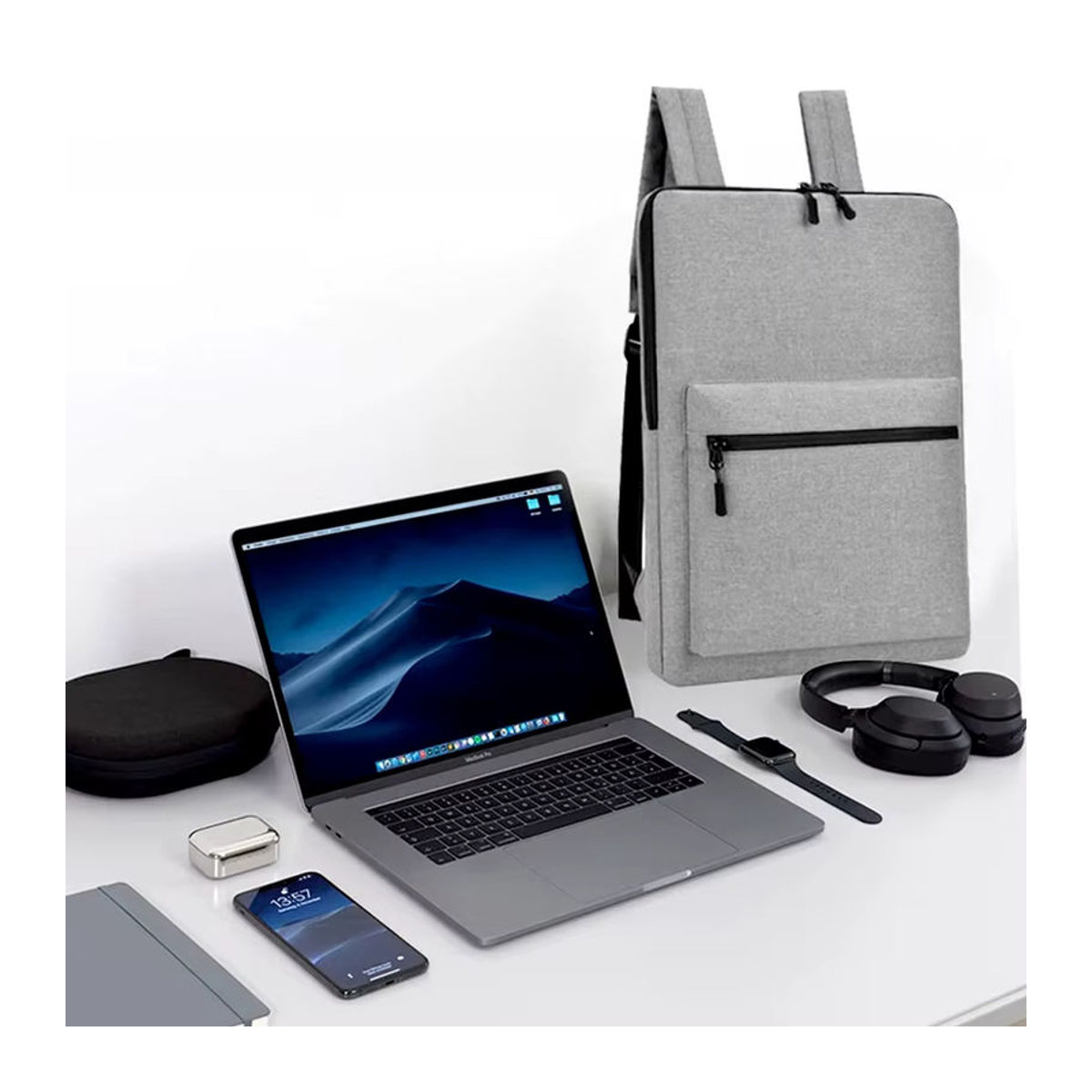Minimalistischer und erweiterbarer Laptop-Rucksack in Grau, wasserabweisend, passend für 15,6-Zoll-Notebooks - Bild 3