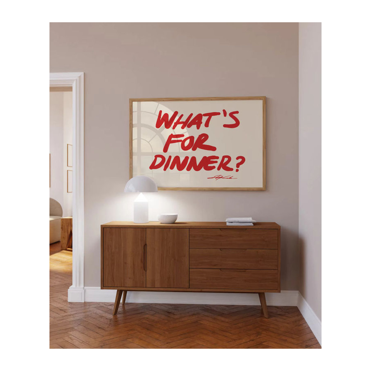 Minimalistischer Wandkunstdruck SHENCHEN im Querformat mit Typografie und Essen-Motiv in Rot und Weiß - Bild 3