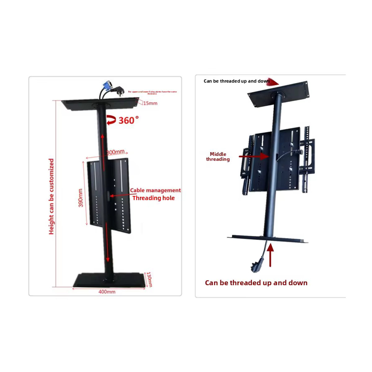 Minimalistisches 360-Grad-Dreh-TV-Rack für LCD-TVs in Schwarz mit integrierter Kabelmanagement-Funktion - Bild 3