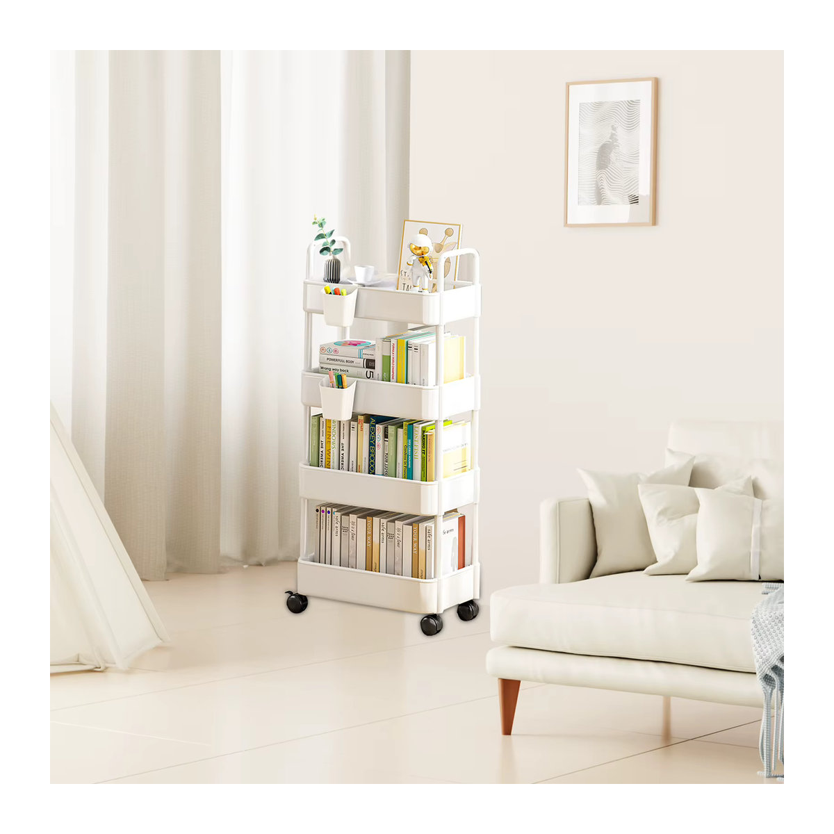 Minimalistisches Bücherregal aus Kunststoff mit Rollen in Weiß, 3 bis 4 Ebenen, freistehend und beweglich - Bild 2