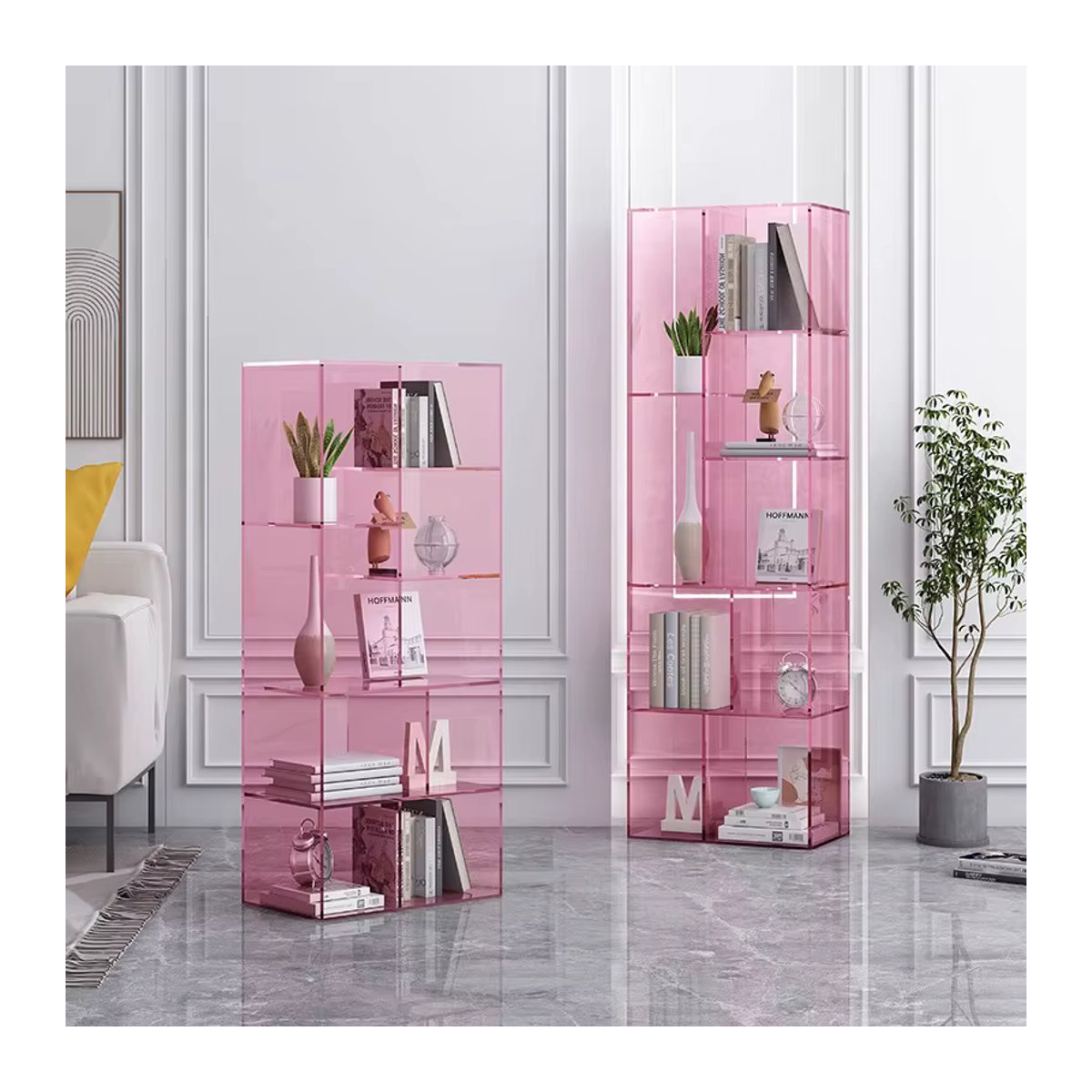 Minimalistisches Bücherregal aus Massivholz und Acryl in Blau oder Rosa, freistehend für Wohnzimmer und Schlafzimmer - Bild 1