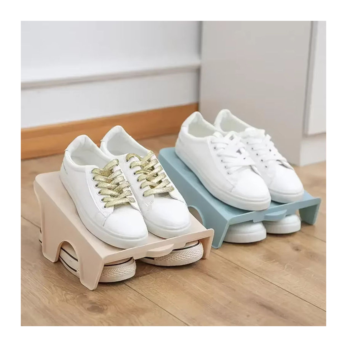 Minimalistisches Doppel-Schuhregal aus Kunststoff in Weiß oder Rosa - Bild 2