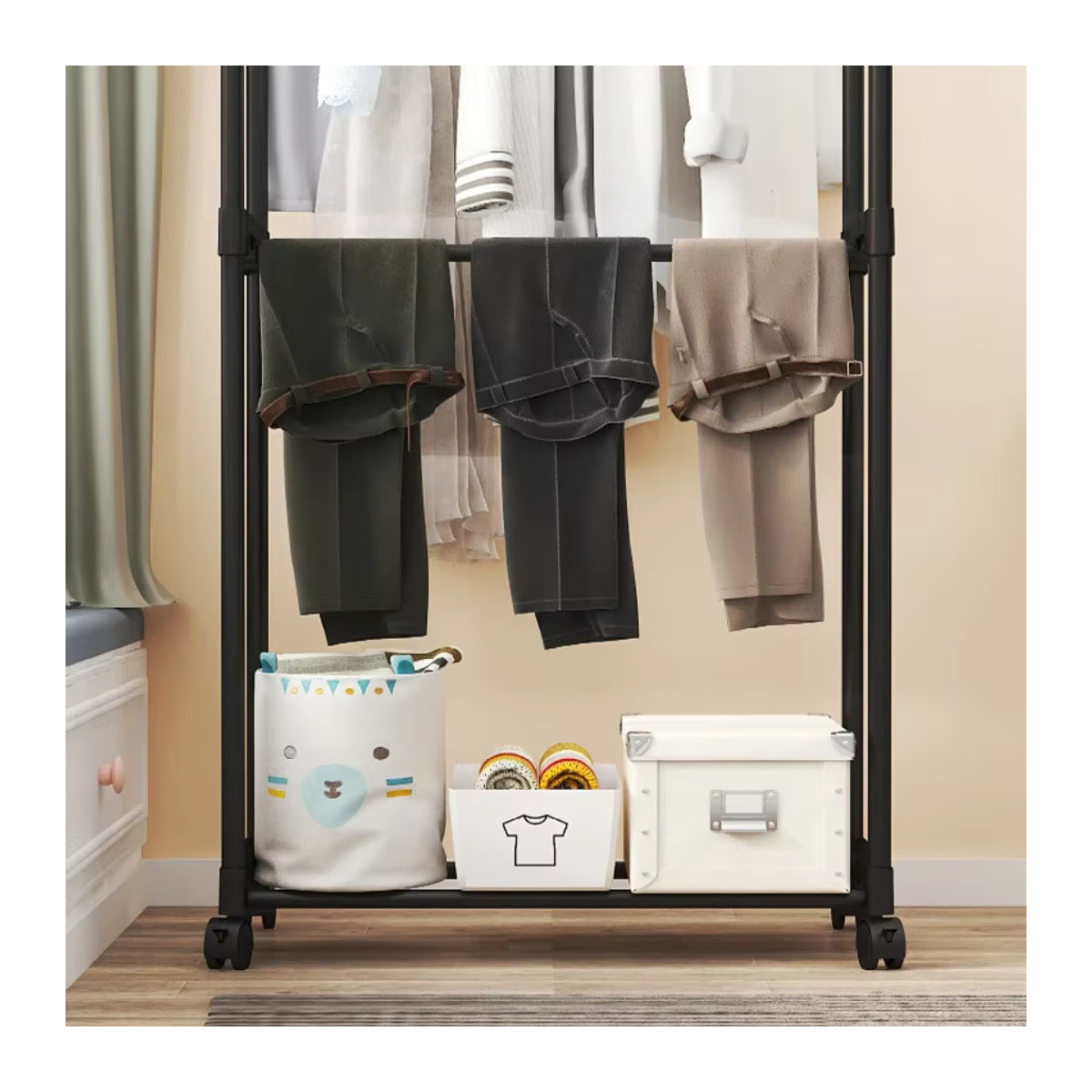 Minimalistisches Doppelstangen-Kleiderregal aus Metall als stehende Garderobe für dein Schlafzimmer in Schwarz oder Weiß - Bild 3