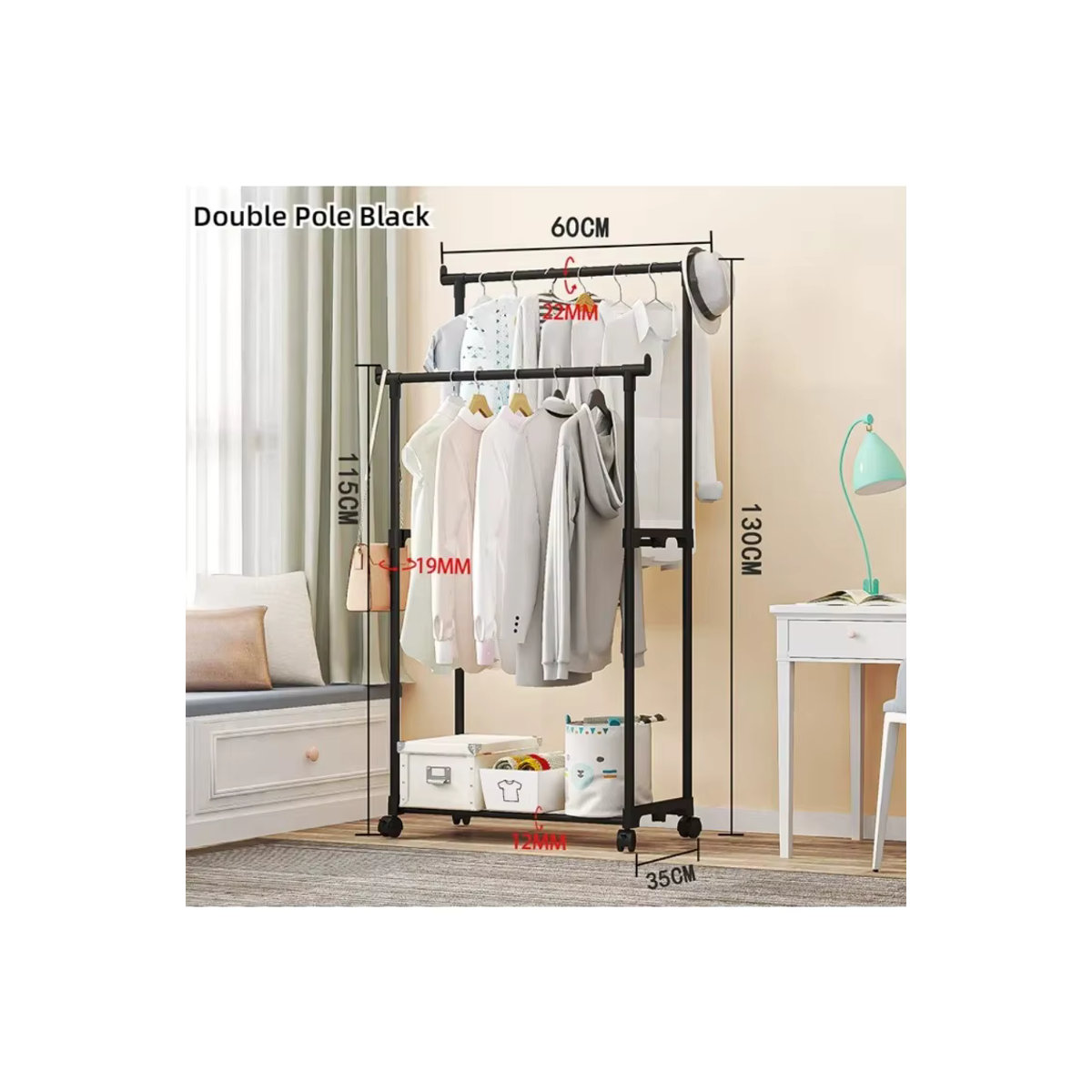 Minimalistisches Doppelstangen-Kleiderregal aus Metall als stehende Garderobe für dein Schlafzimmer in Schwarz oder Weiß - Bild 4