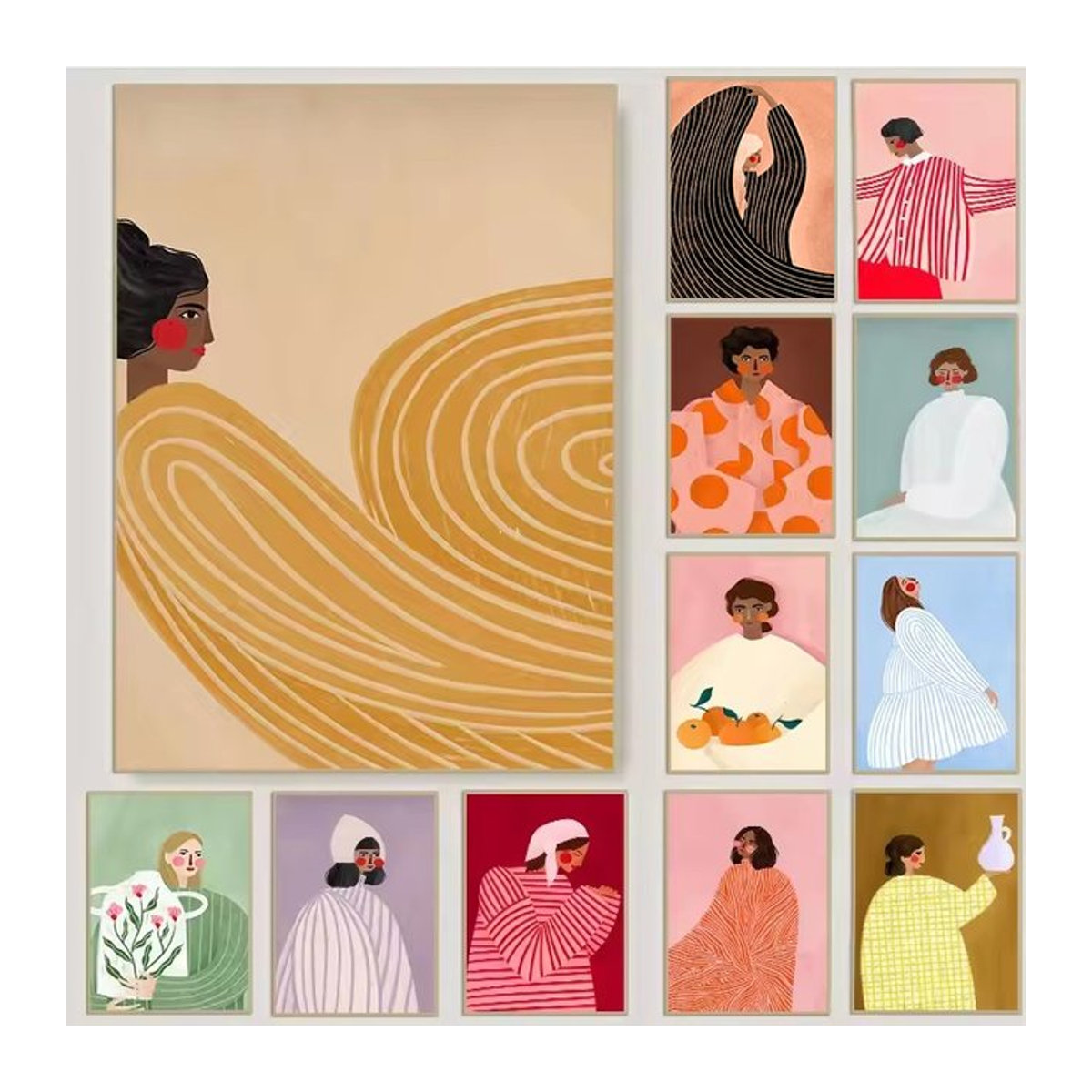 Minimalistisches Frauenporträt als mehrfarbige Leinwandmalerei mit gestreiftem Cartoon-Mädchen Design im Hochformat für deine Wanddekoration - Bild 1
