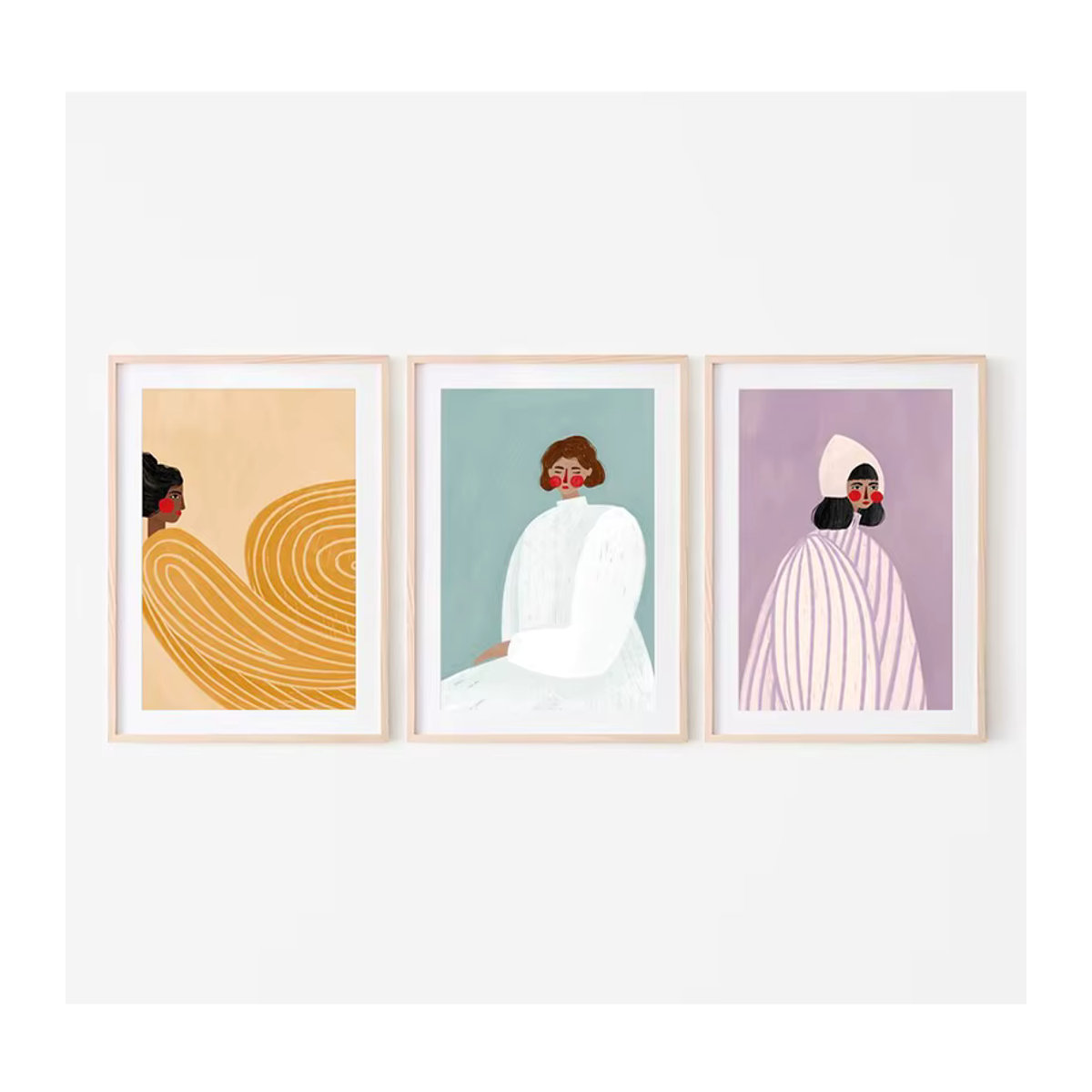 Minimalistisches Frauenporträt als mehrfarbige Leinwandmalerei mit gestreiftem Cartoon-Mädchen Design im Hochformat für deine Wanddekoration - Bild 2