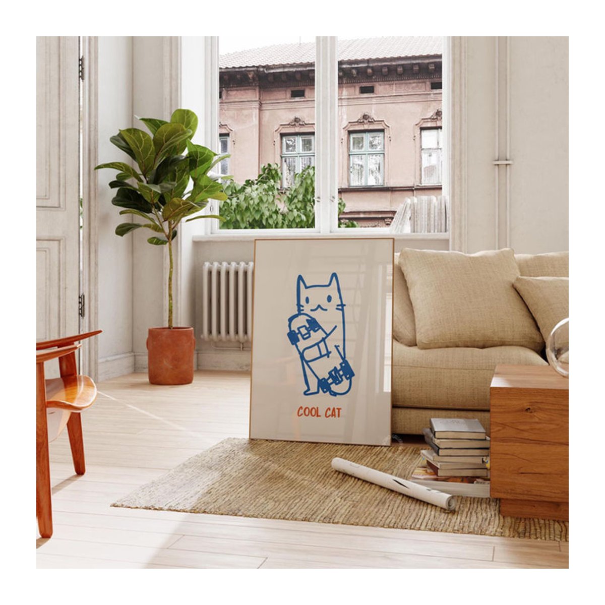 Minimalistisches Katzen-Poster mit Skateboard-Motiv als digitale Wandkunst in Weiß auf Papier für deine Dekoration - Bild 1