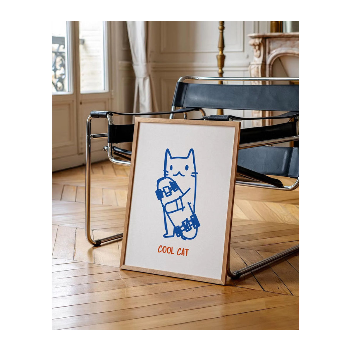 Minimalistisches Katzen-Poster mit Skateboard-Motiv als digitale Wandkunst in Weiß auf Papier für deine Dekoration - Bild 3