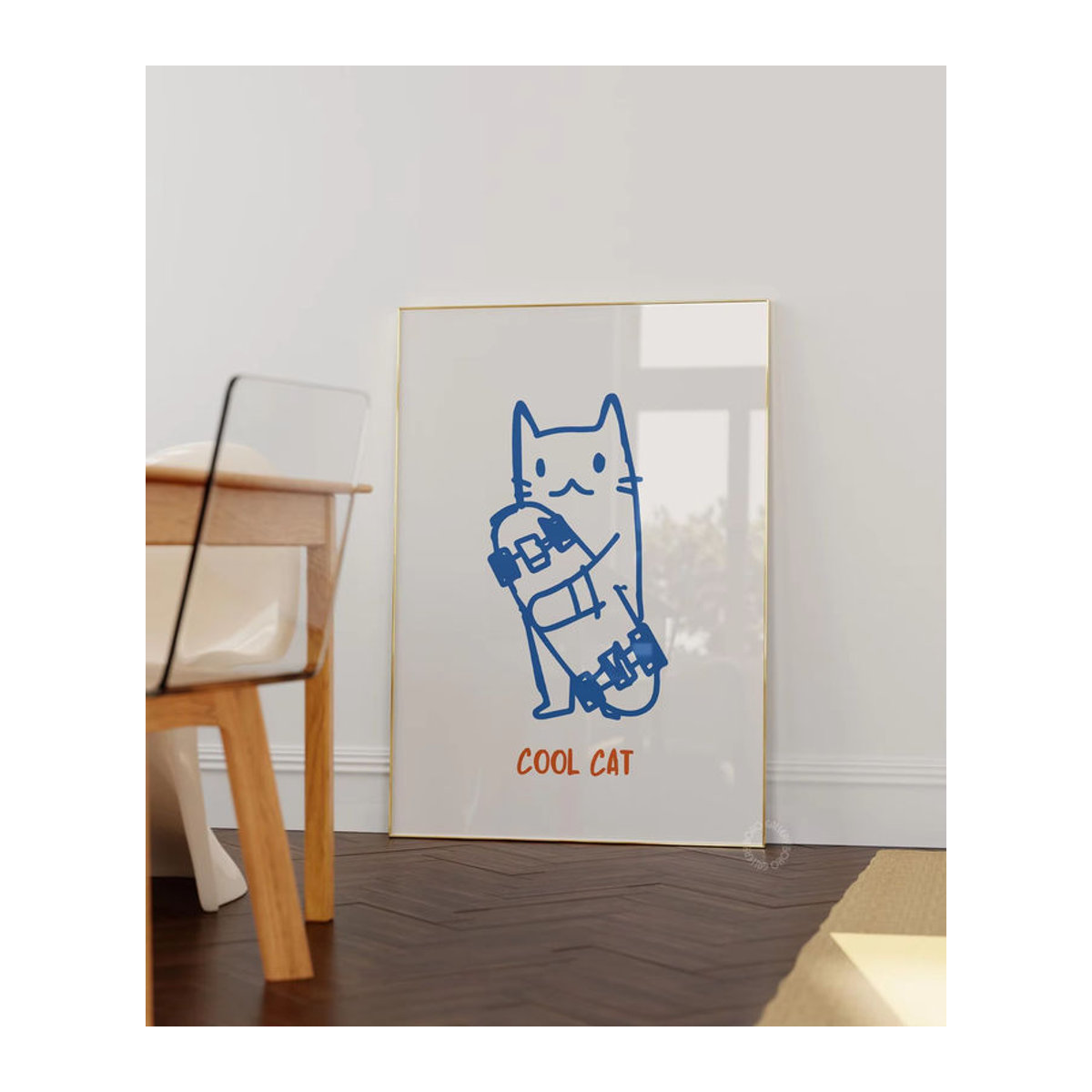 Minimalistisches Katzen-Poster mit Skateboard-Motiv als digitale Wandkunst in Weiß auf Papier für deine Dekoration - Bild 4