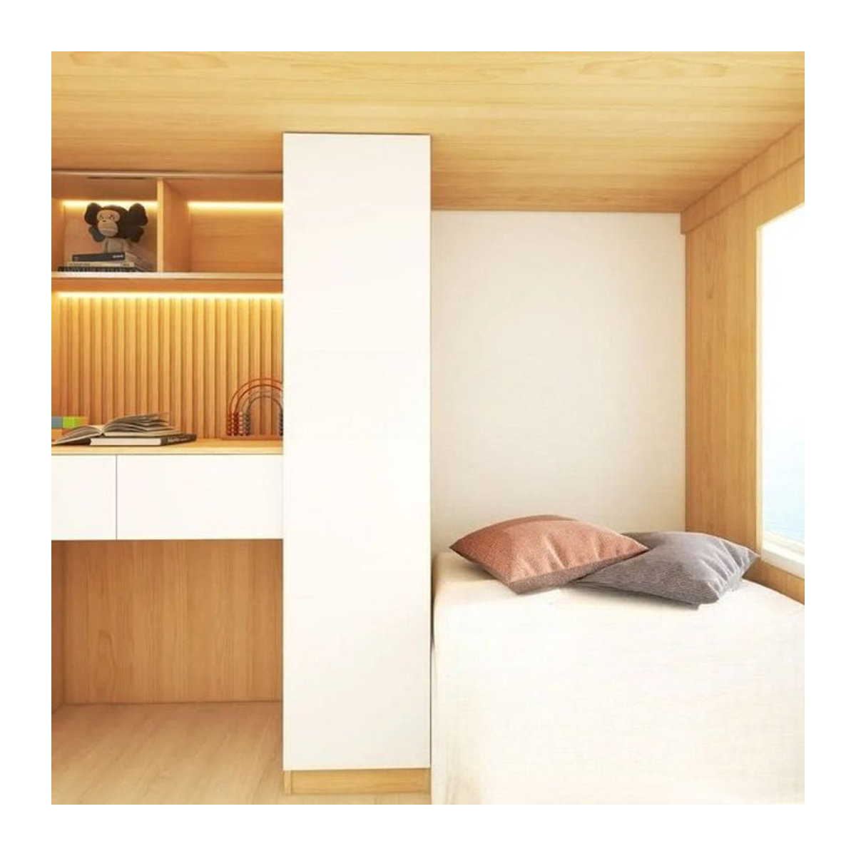 Minimalistisches Kinderzimmer-Bettset in Weiß mit Etagenbett, Schreibtisch und Kleiderschrank als integrierte Tatami-Lösung - Bild 1