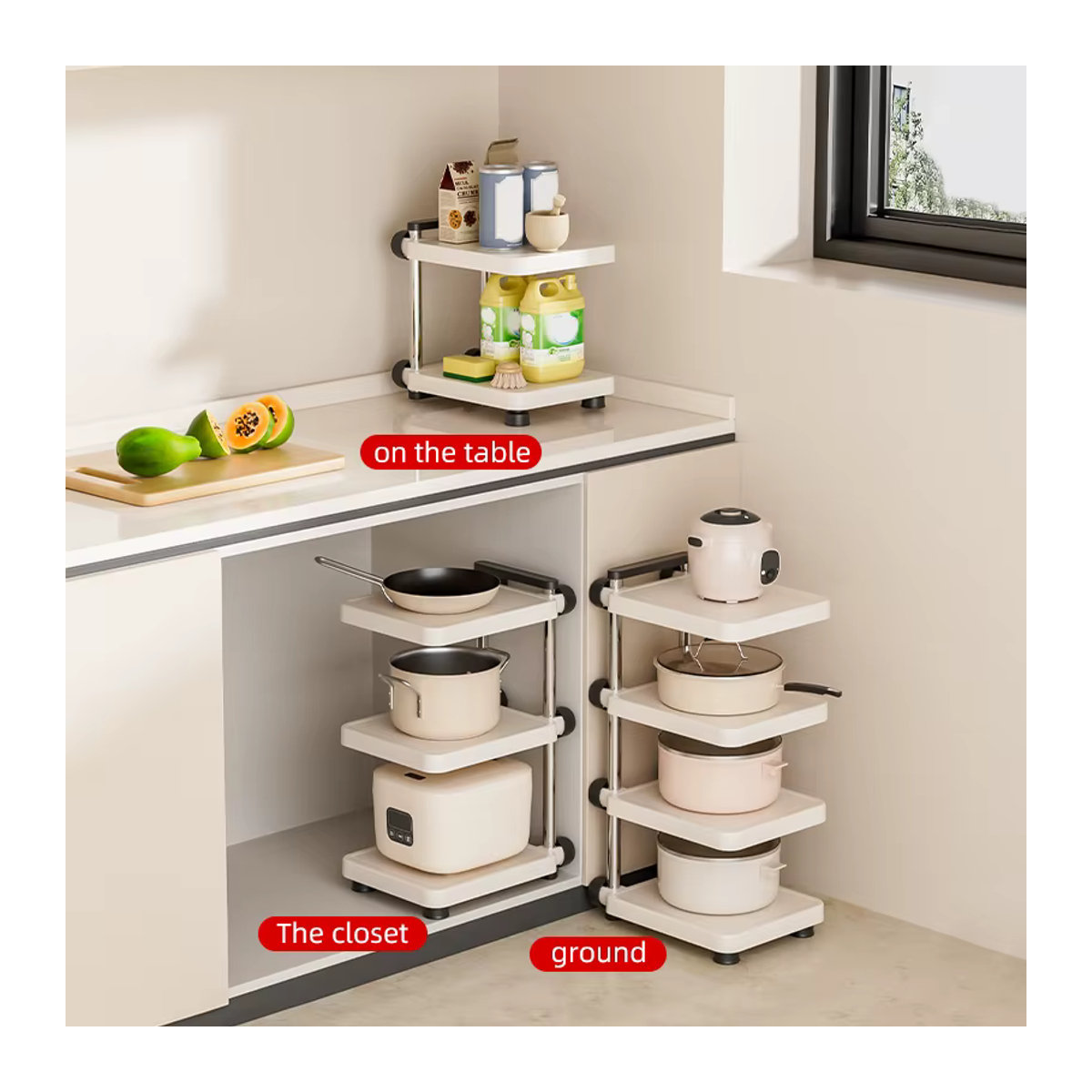 Minimalistisches Küchenlagerregal aus Metall in Weiß, freistehendes multifunktionales Topfregal für Arbeitsplatte und Schrank - Bild 3