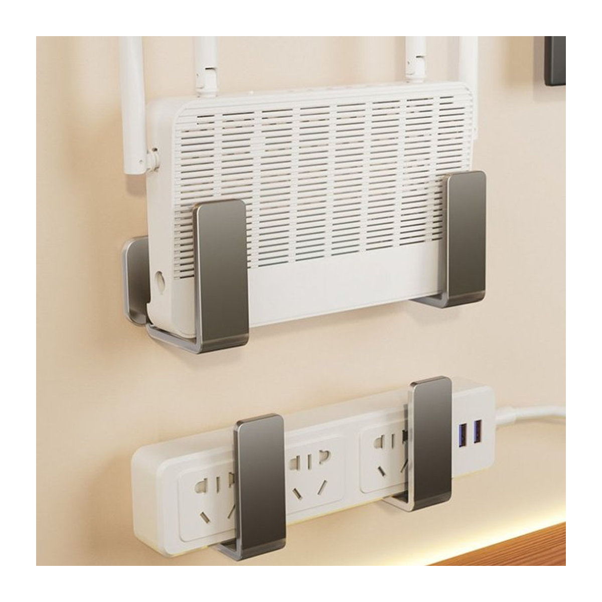 Minimalistisches Metall-Wandregal ohne Bohren für TV-Box, Router und Steckdosenleiste in Grau oder Schwarz - Bild 1
