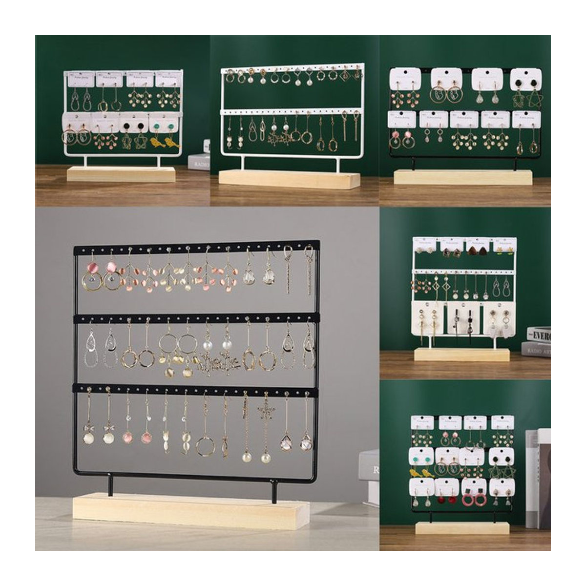 Minimalistisches Schmuckdisplay aus Holz für Ohrringe und Anhänger, stehend, rechteckig, Braun/Schwarz - Bild 1