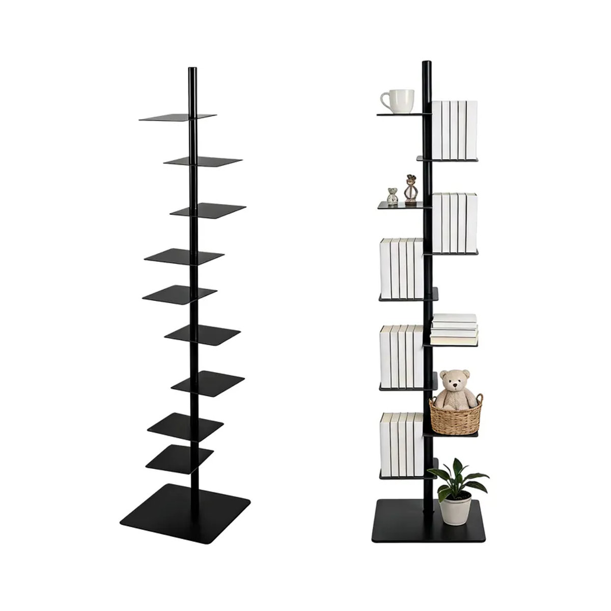 Minimalistisches Spine-Bücherregal aus Metall in Schwarz, freistehendes 9-stufiges Eckleiterregal als vertikaler Buchturm - Bild 2