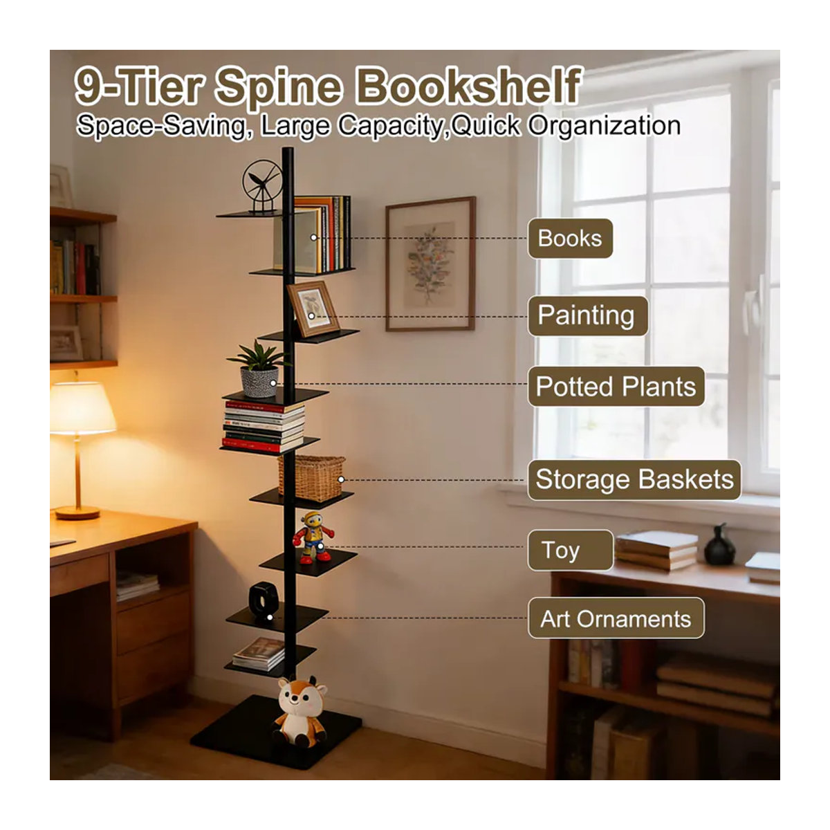 Minimalistisches Spine-Bücherregal aus Metall in Schwarz, freistehendes 9-stufiges Eckleiterregal als vertikaler Buchturm - Bild 4