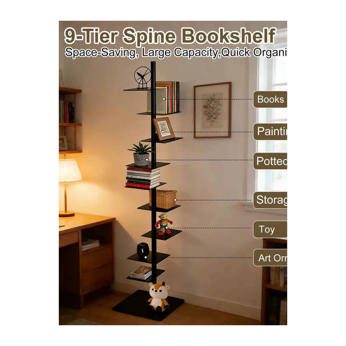 Minimalistisches Spine-Bücherregal aus Metall in Schwarz, freistehendes 9-stufiges Eckleiterregal als vertikaler Buchturm - Bild 7