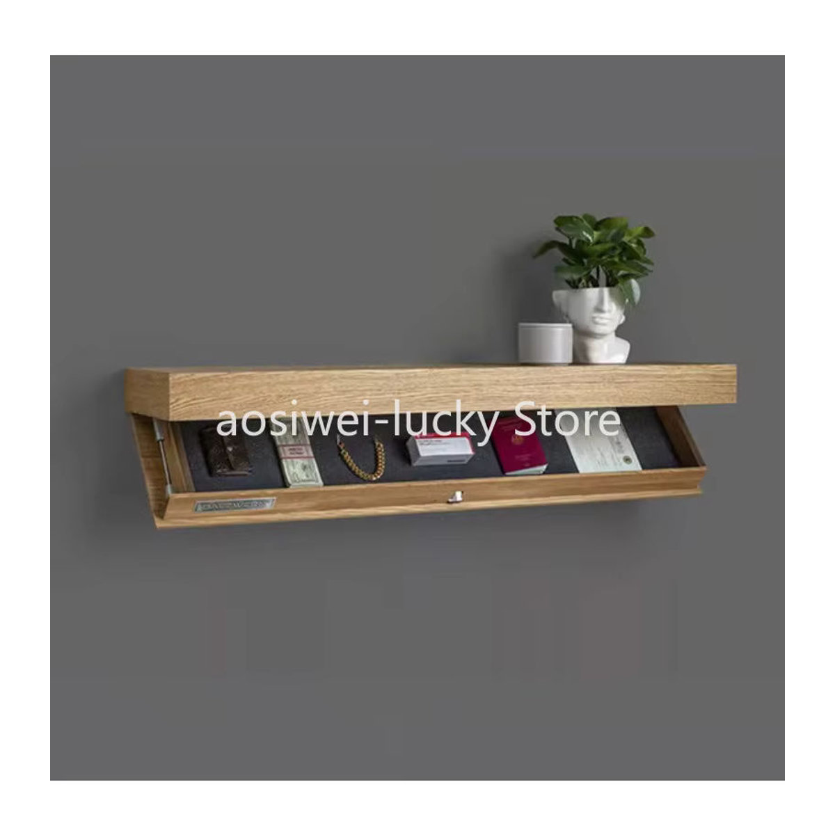 Minimalistisches Wandregal aus Holz mit Geheimfach in Braun, wandmontierte Aufbewahrung und Dekoration - Bild 2