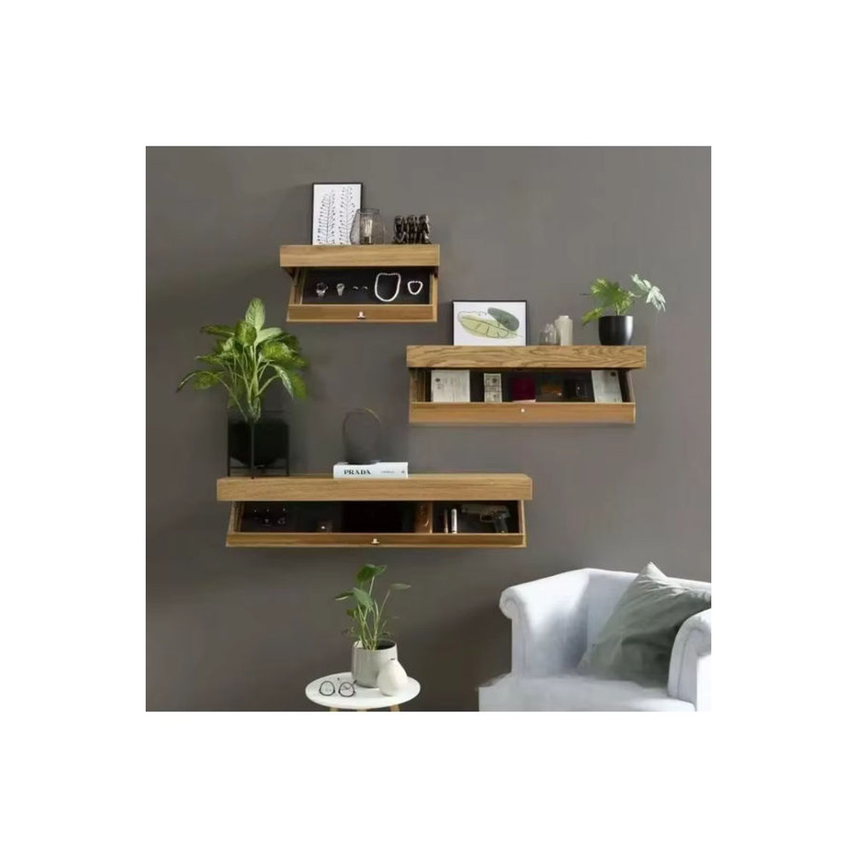 Minimalistisches Wandregal aus Holz mit Geheimfach in Braun, wandmontierte Aufbewahrung und Dekoration - Bild 3