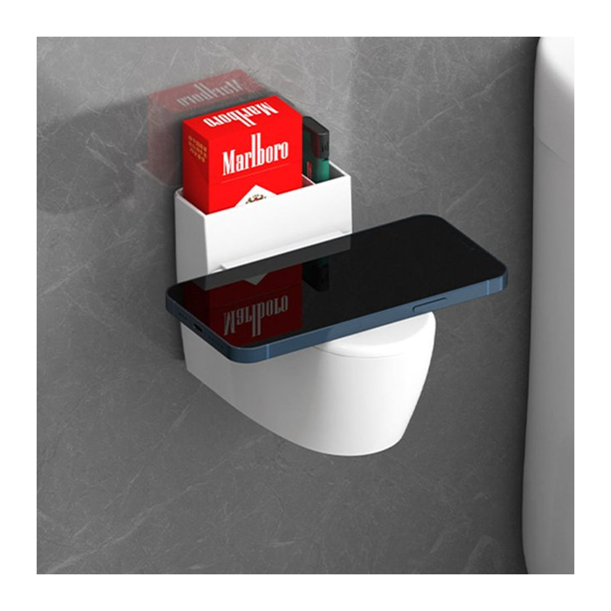 Minimalistisches Wandregal mit integriertem Aschenbecher und Telefonhalter in Weiß - Bild 1