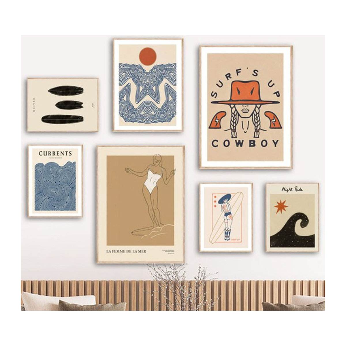MINISO Abstrakte Leinwandmalerei Beige Surf Mädchen Linien Tanz Wandkunst im Boho Stil für dein Wohnzimmer - Bild 1