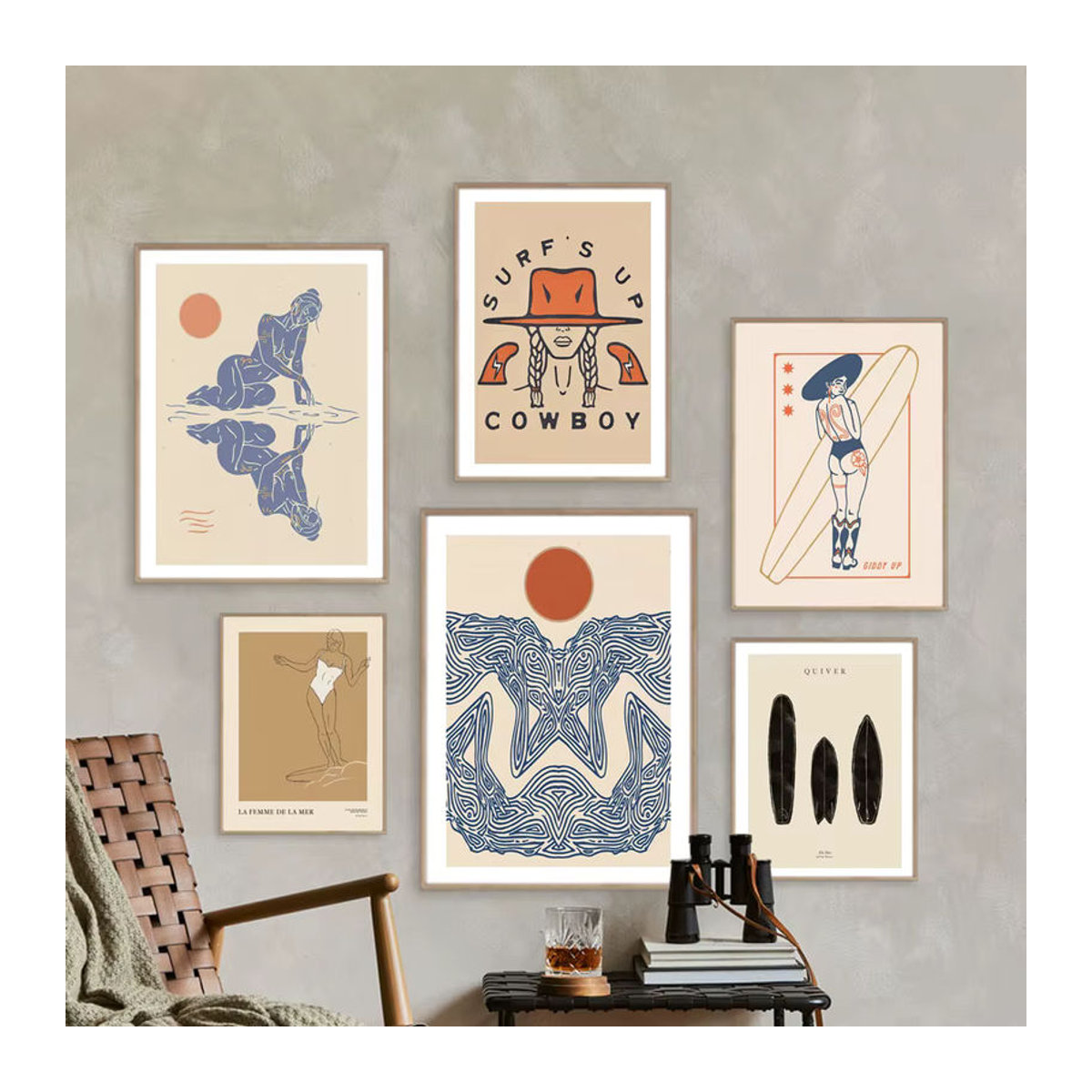 MINISO Abstrakte Leinwandmalerei Beige Surf Mädchen Linien Tanz Wandkunst im Boho Stil für dein Wohnzimmer - Bild 2