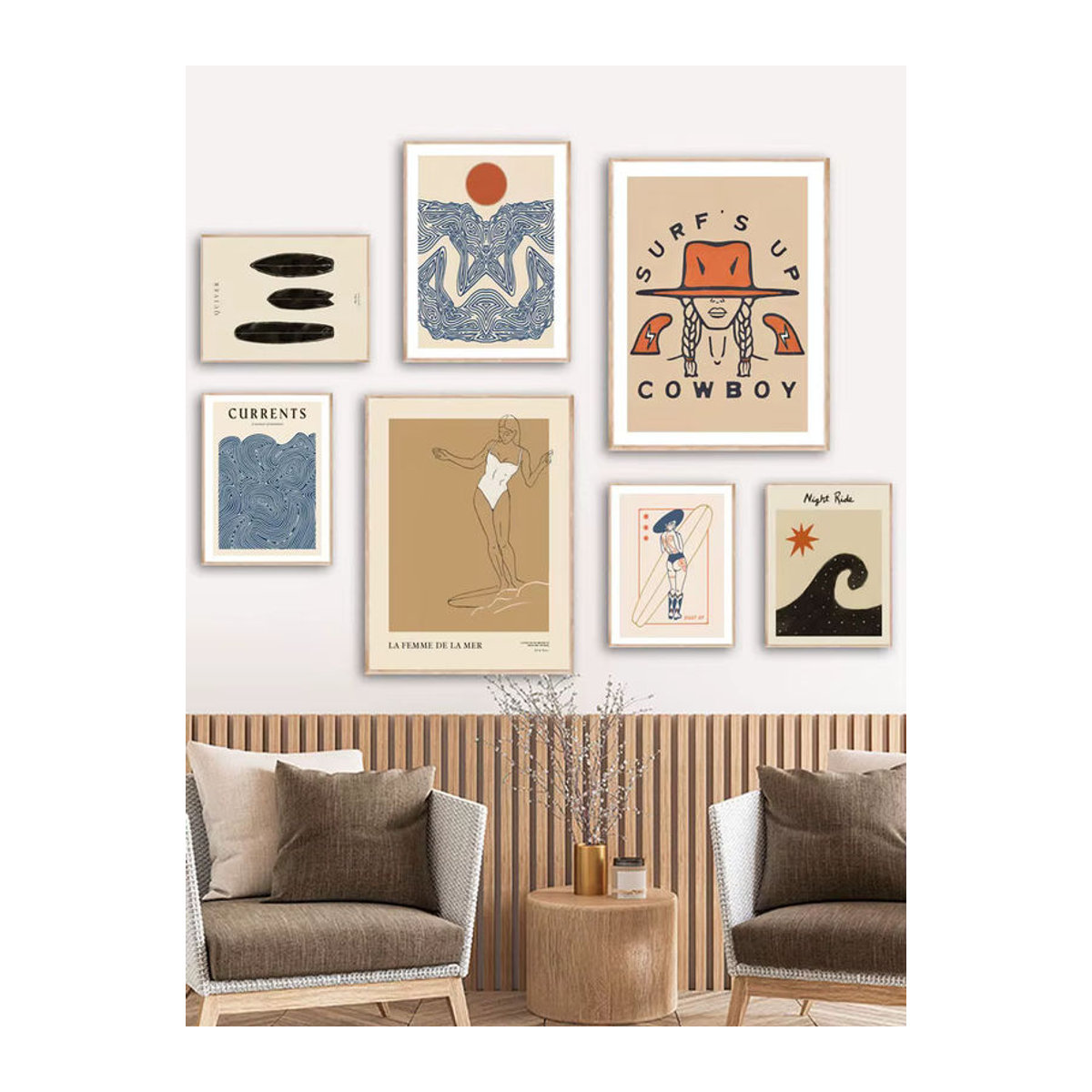 MINISO Abstrakte Leinwandmalerei Beige Surf Mädchen Linien Tanz Wandkunst im Boho Stil für dein Wohnzimmer - Bild 3
