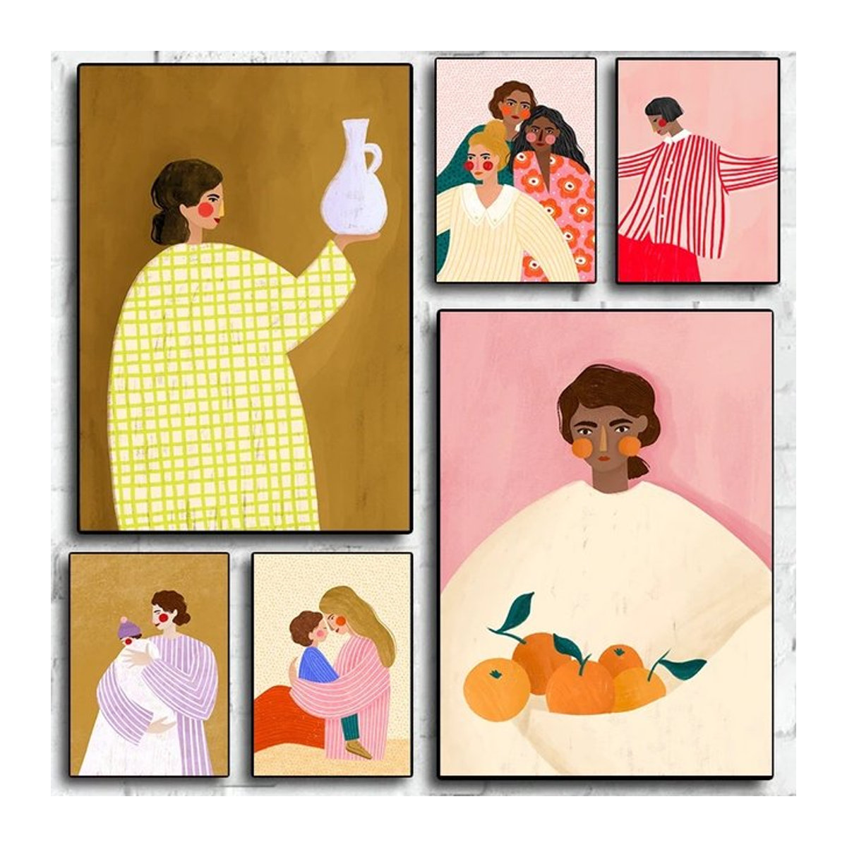 MINISO Leinwand Wandbild mit abstrakter Mutter-Tochter Illustration im minimalistischen Cartoon-Stil, mehrfarbig, Hochformat - Bild 1