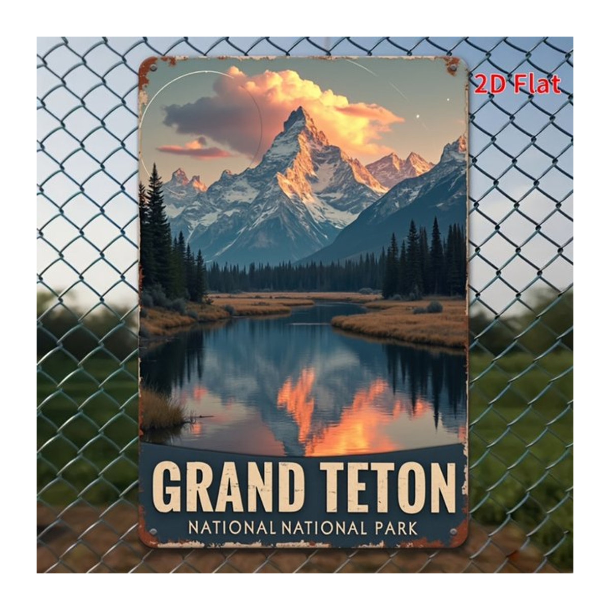 MINISO Metall-Wandposter Grand Teton National Park Vintage-Landschaft in Hochformat, mehrfarbig, B: 30 cm, H: 30 cm, T: 20 cm - Bild 1