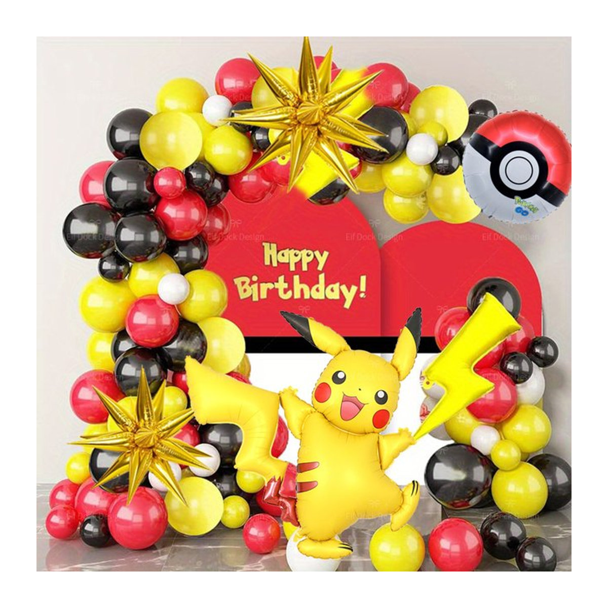 MINISO Pokemon Pikachu Ballon Girlande Set mit 102 Teilen in Rot, Gelb und Schwarz für Kinder Geburtstagsdekoration - Bild 1