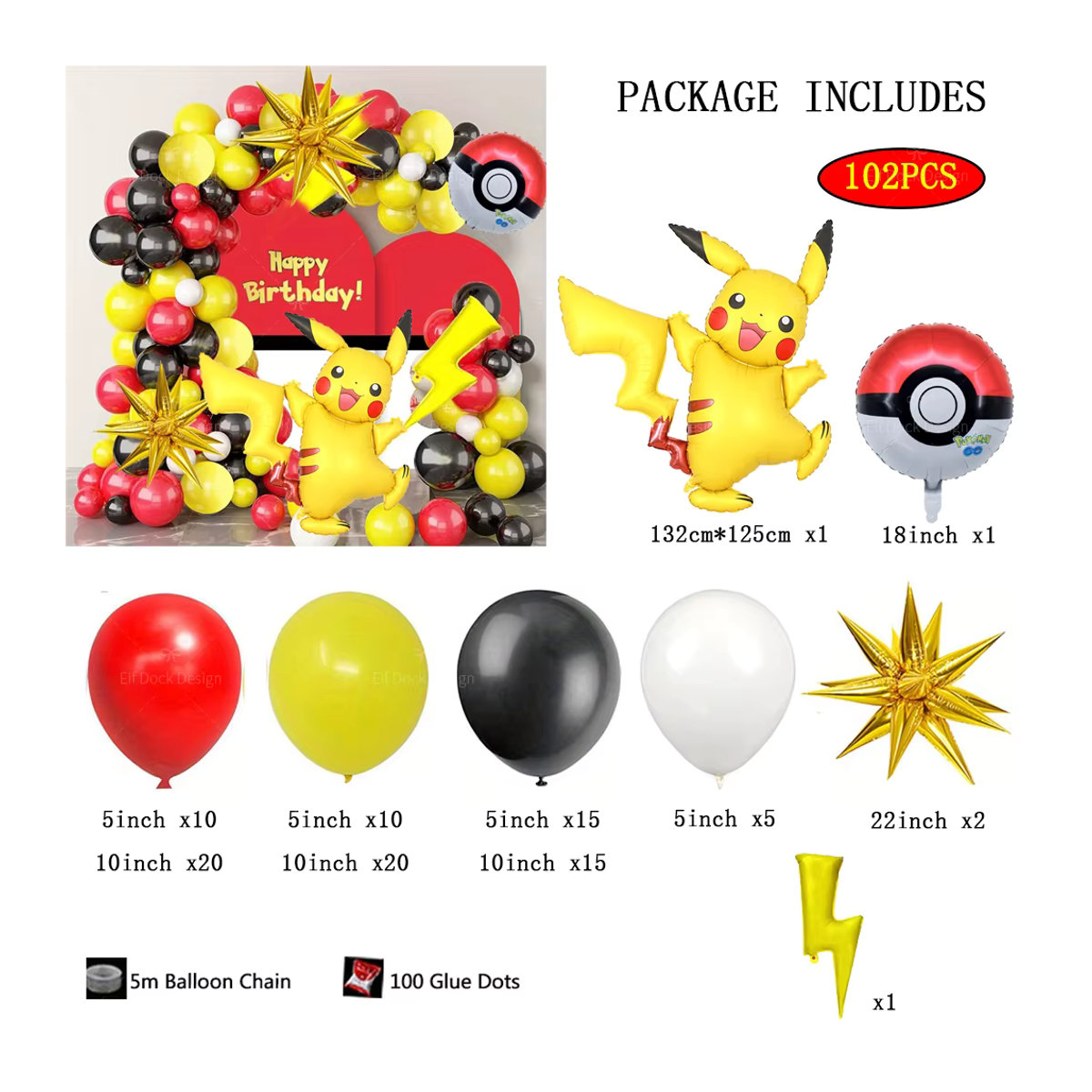MINISO Pokemon Pikachu Ballon Girlande Set mit 102 Teilen in Rot, Gelb und Schwarz für Kinder Geburtstagsdekoration - Bild 3