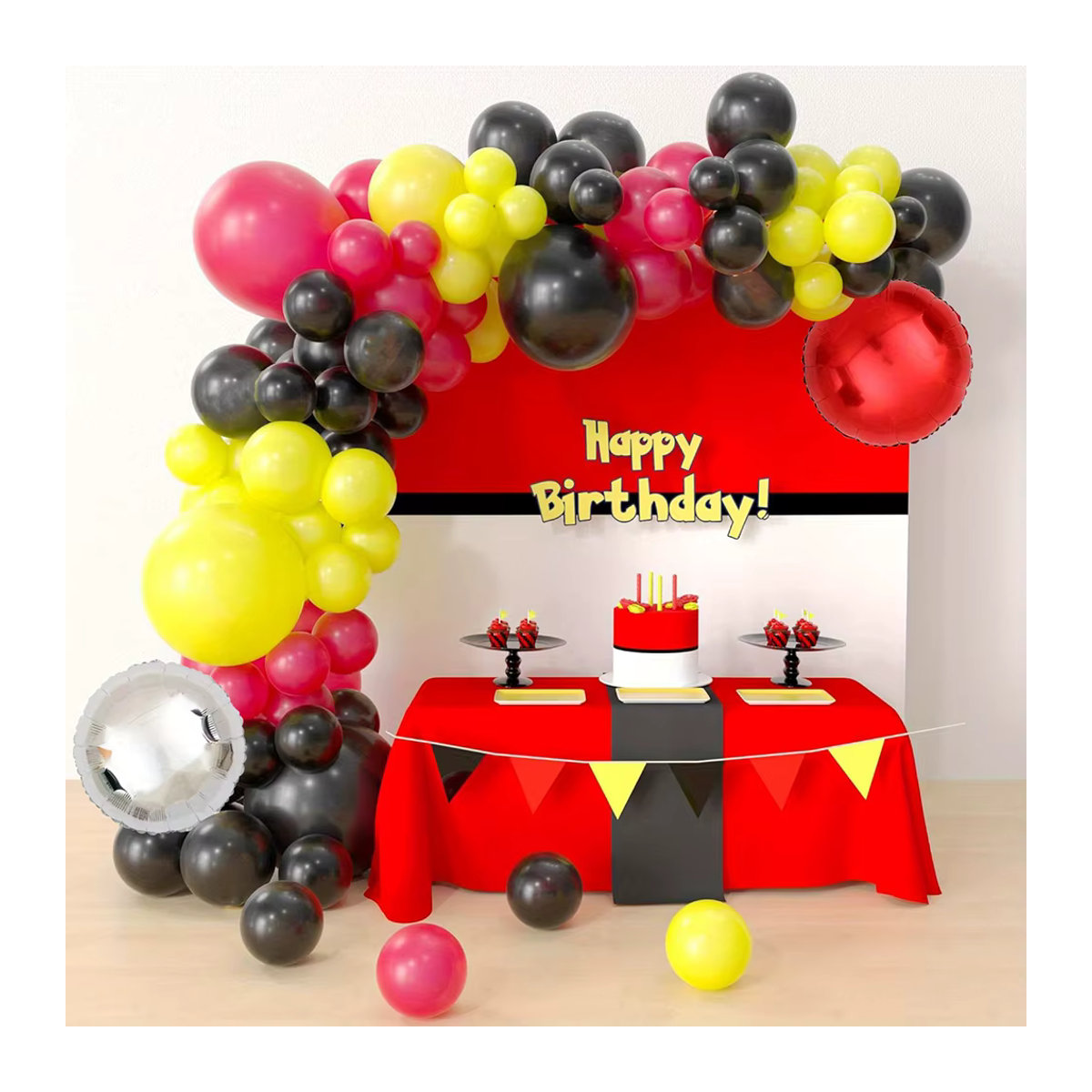 MINISO Pokemon Pikachu Ballon Girlande Set mit 102 Teilen in Rot, Gelb und Schwarz für Kinder Geburtstagsdekoration - Bild 4