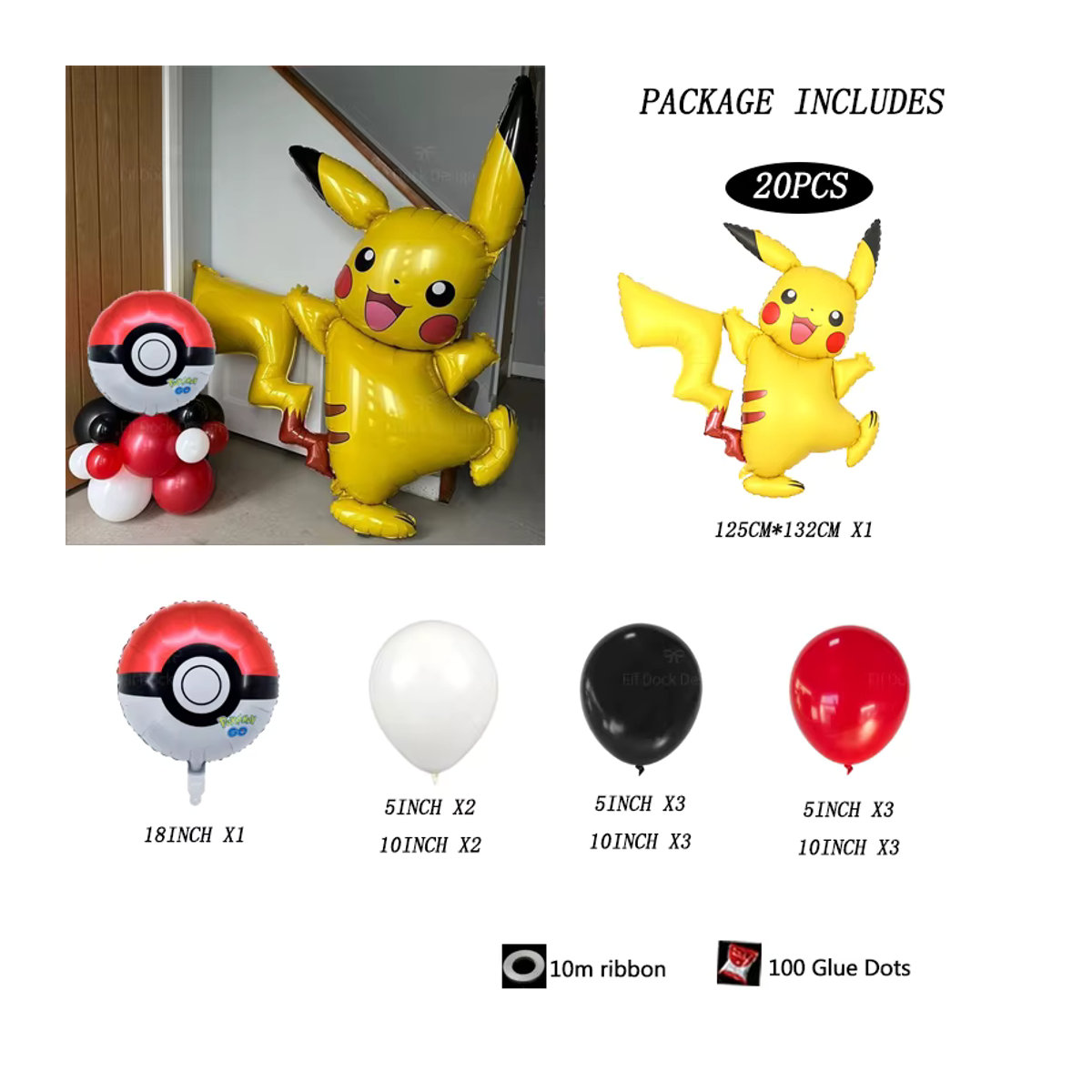 MINISO Pokemon Pikachu Party Ballon Set mit Folien- und Latexballons in Rot, Schwarz und Gelb für Kindergeburtstage und Baby Shower - Bild 2