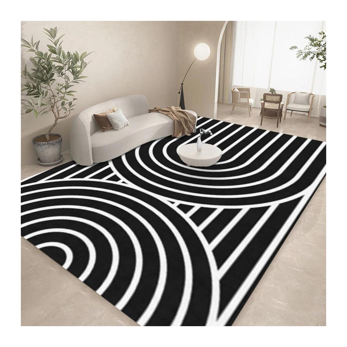 Miniso Teppich mit geometrischem Linienmuster in Schwarz-Weiß, rutschfest, B/T: 120 x 160 cm - Bild 1