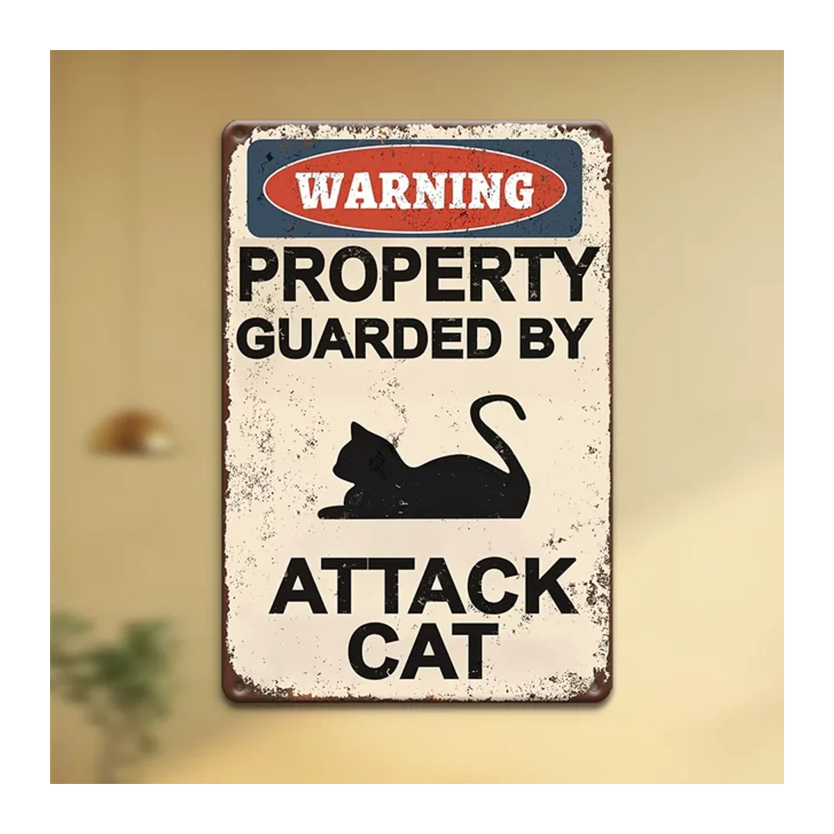 MINISO Vintage Aluminium Attack Cat Warnschild in Weiß als Retro-Wanddekoration für die Wandmontage, B/H: 30 x 20 cm - Bild 1