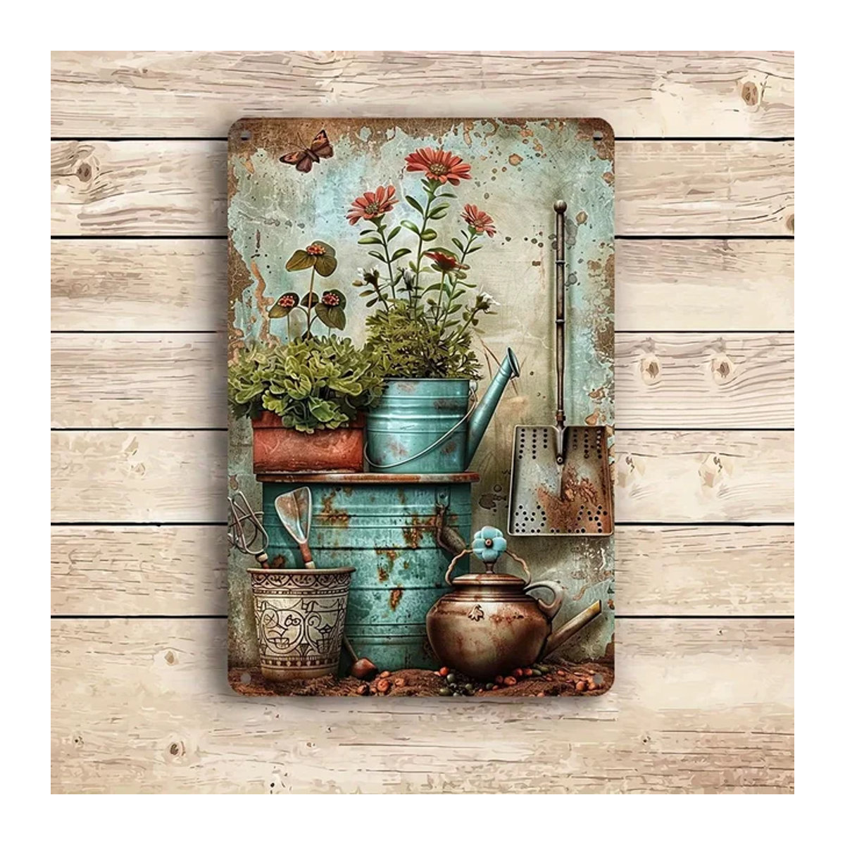 MINISO Vintage-Metallbeschilderung mit floralem Design und Gartenelementen, mehrfarbig, B/H: 20 x 30 cm - Bild 1