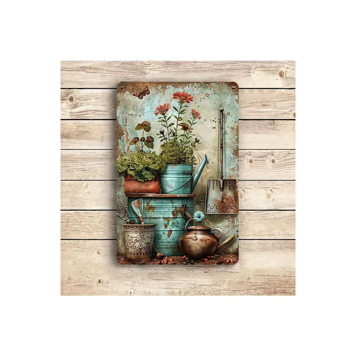 MINISO Vintage-Metallbeschilderung mit floralem Design und Gartenelementen, mehrfarbig, B/H: 20 x 30 cm - Bild 2