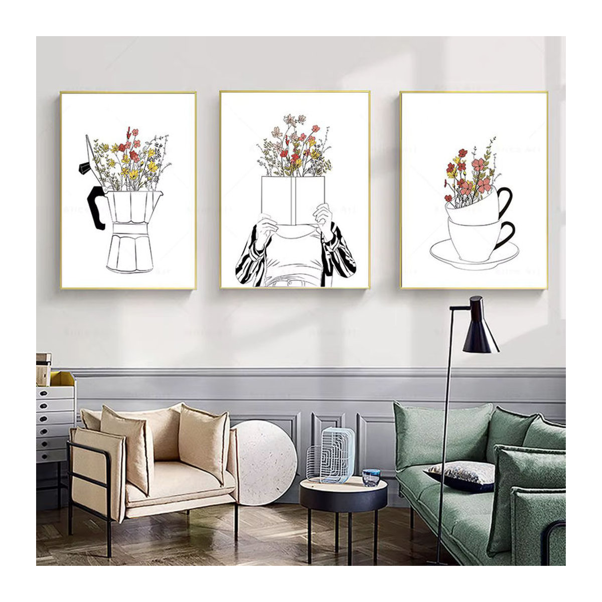 MINISO Wandkunst Leinwand mit minimalistischem Blumen- und Kaffee-Motiv in Weiß, Hochformat, Rechteckig - Bild 1