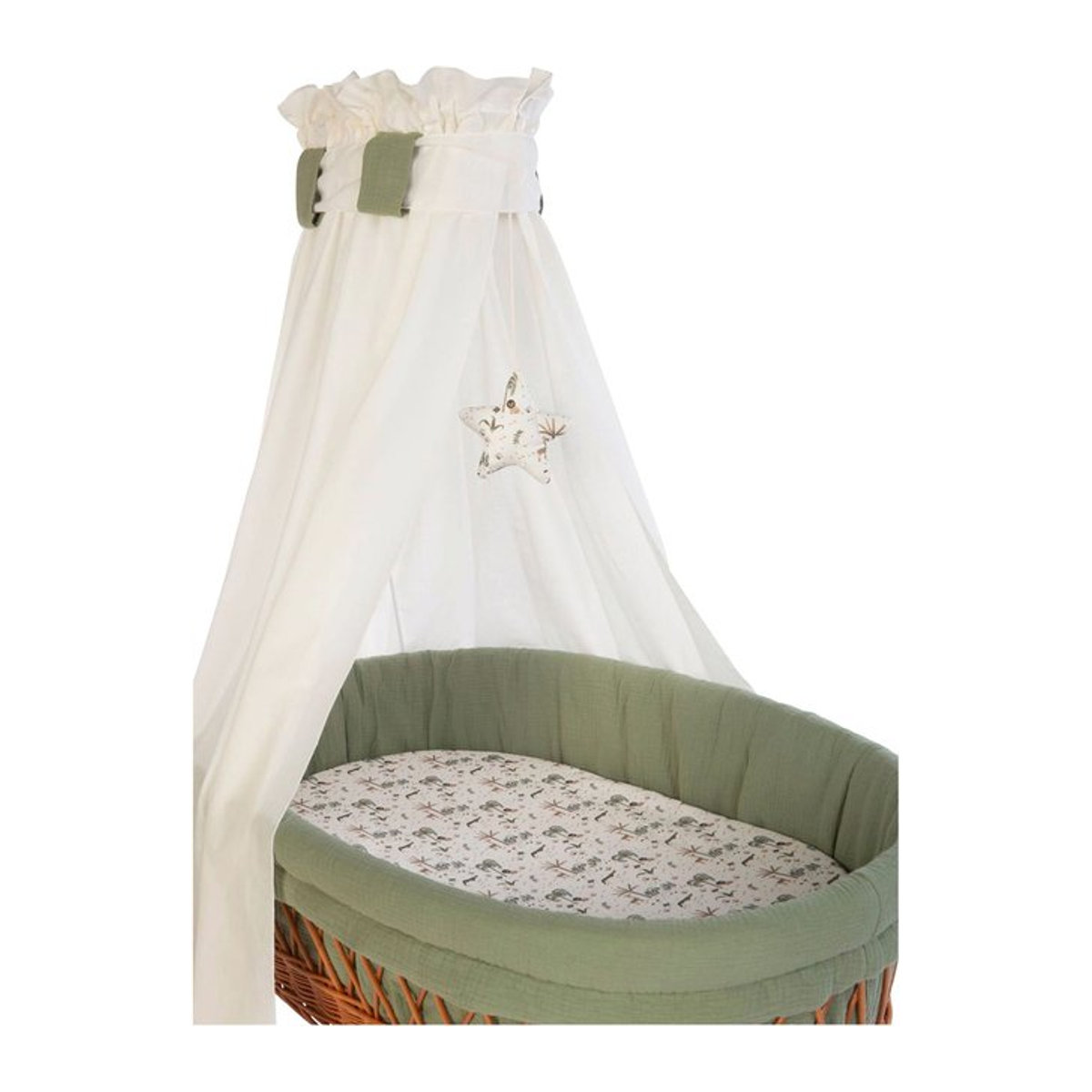 Mionido Stubenwagen Lounge Babybett aus Buche mit Rattan und Bettwäsche in Grün - Bild 1