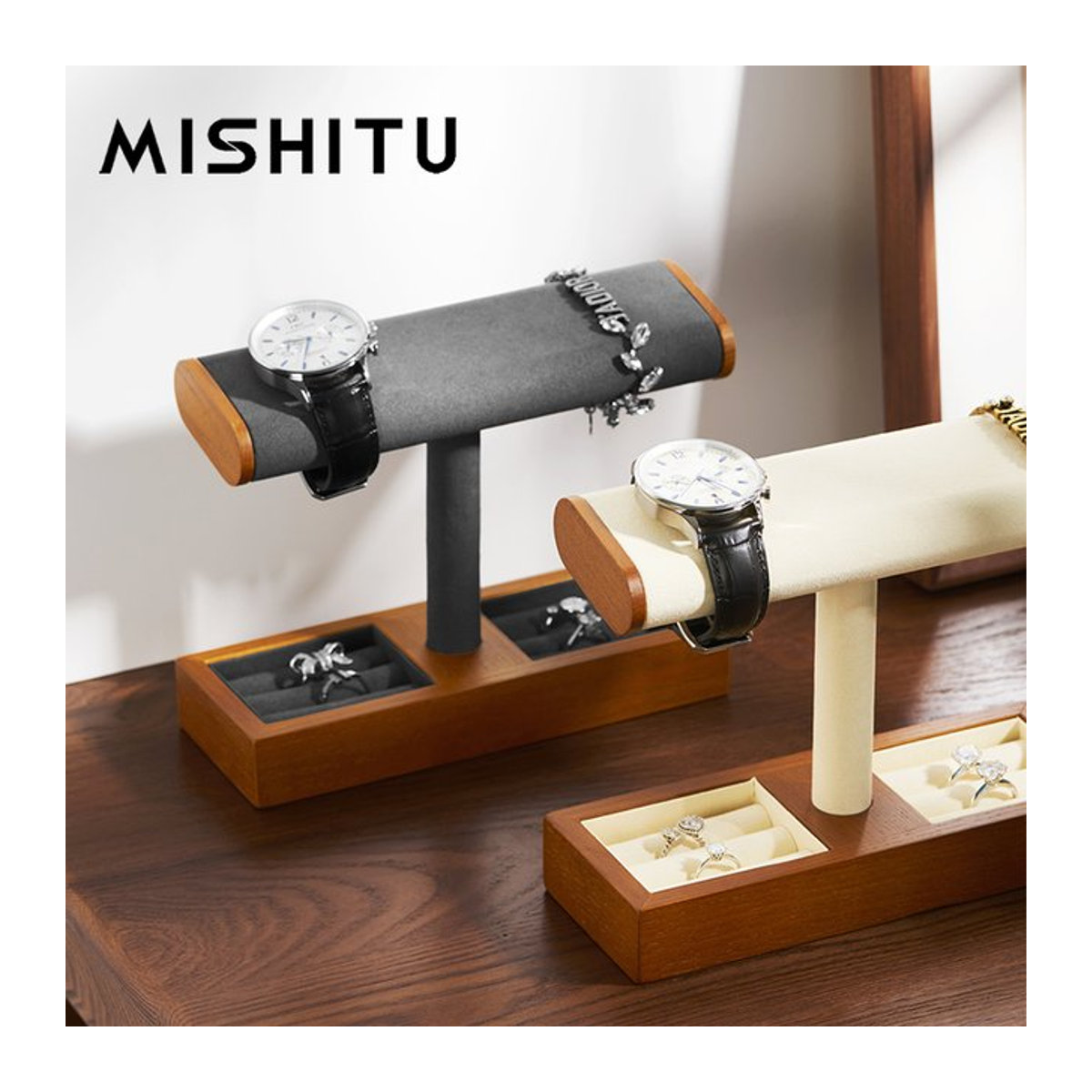 MISHITU Massivholz Uhrenständer und Schmuckdisplay in Braun als minimalistischer T-Bar Organizer für Damen und Herren - Bild 1