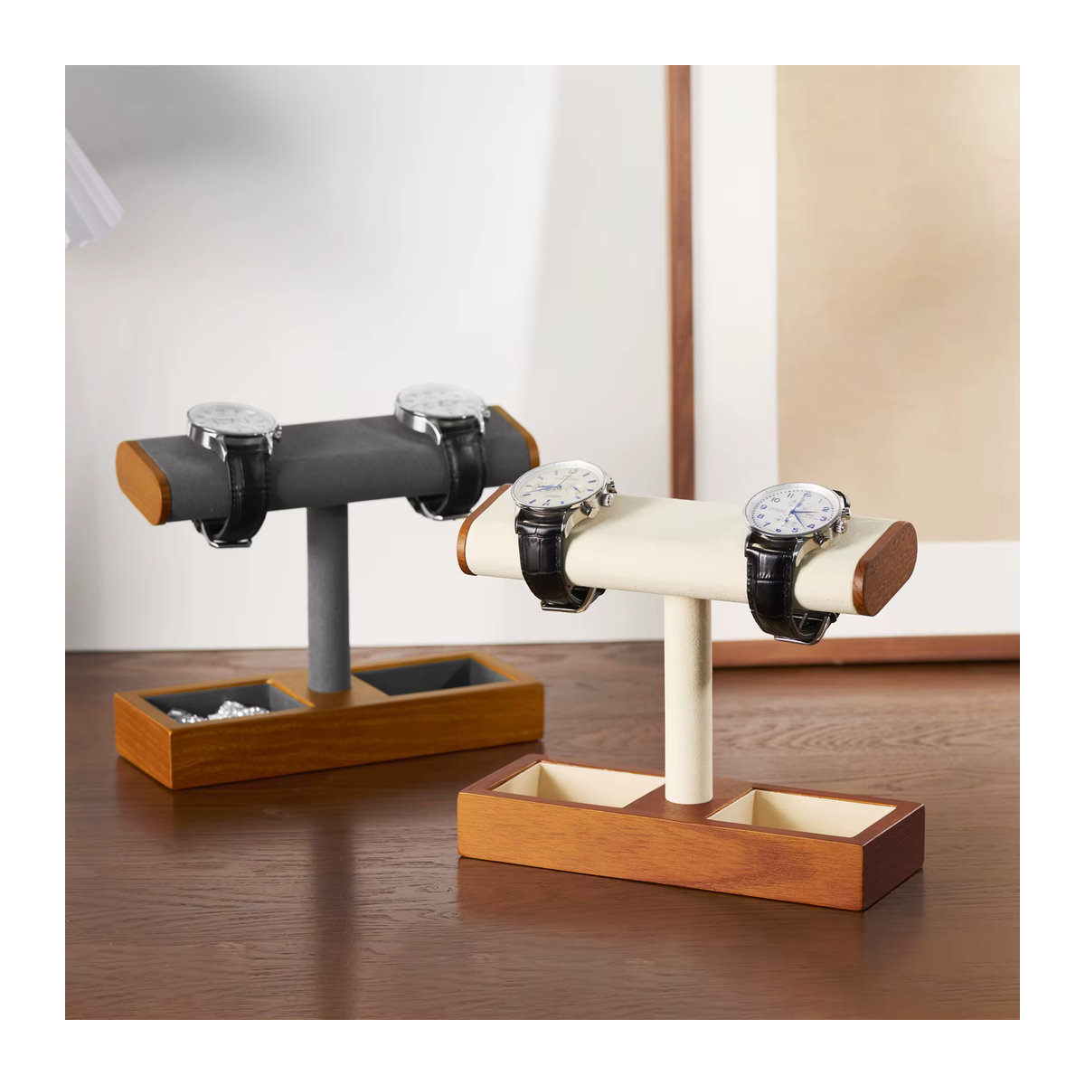 MISHITU Massivholz Uhrenständer und Schmuckdisplay in Braun als minimalistischer T-Bar Organizer für Damen und Herren - Bild 2