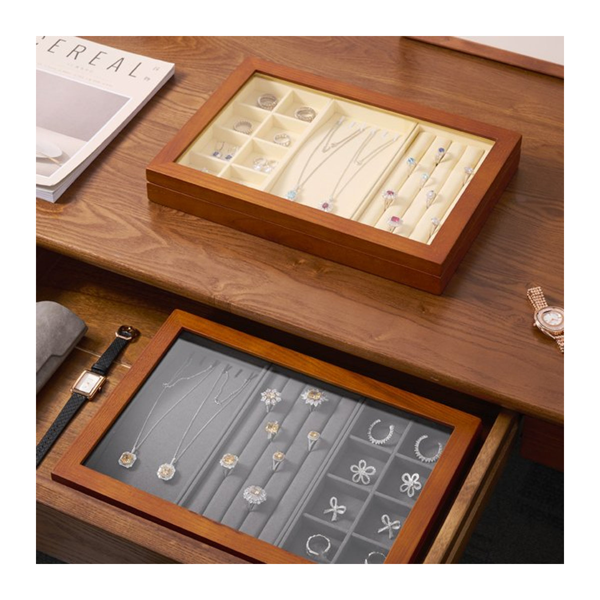 MISHITU Schmuckbox aus Massivholz in Braun als klassisches Display für Ohrringe, Halsketten, Anhänger und Ringe - Bild 1