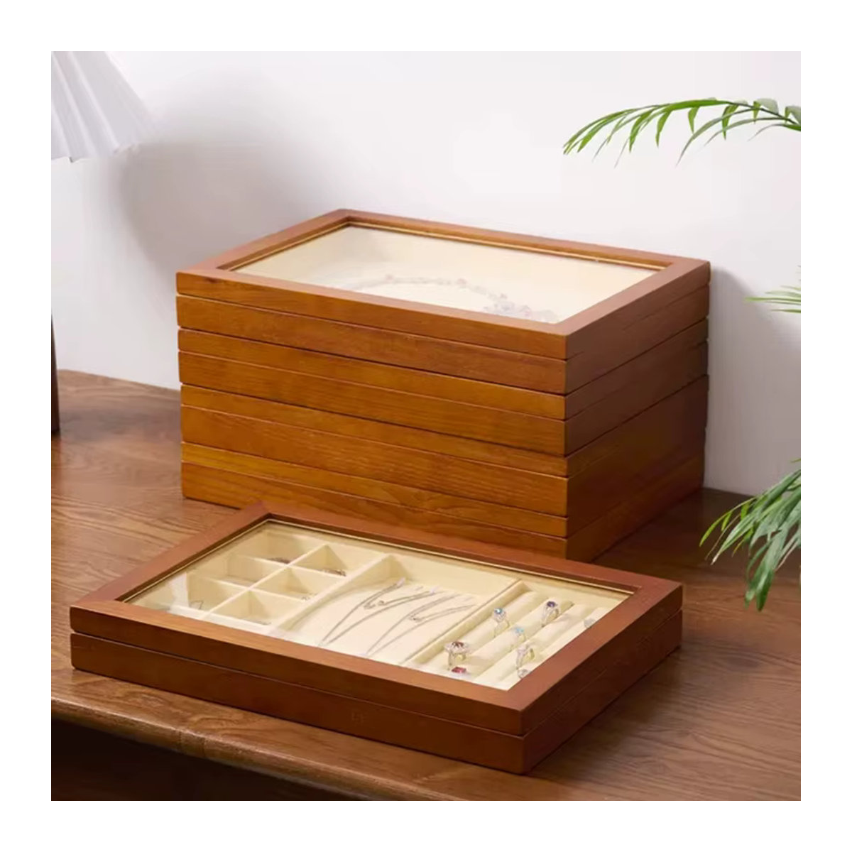 MISHITU Schmuckbox aus Massivholz in Braun als klassisches Display für Ohrringe, Halsketten, Anhänger und Ringe - Bild 2