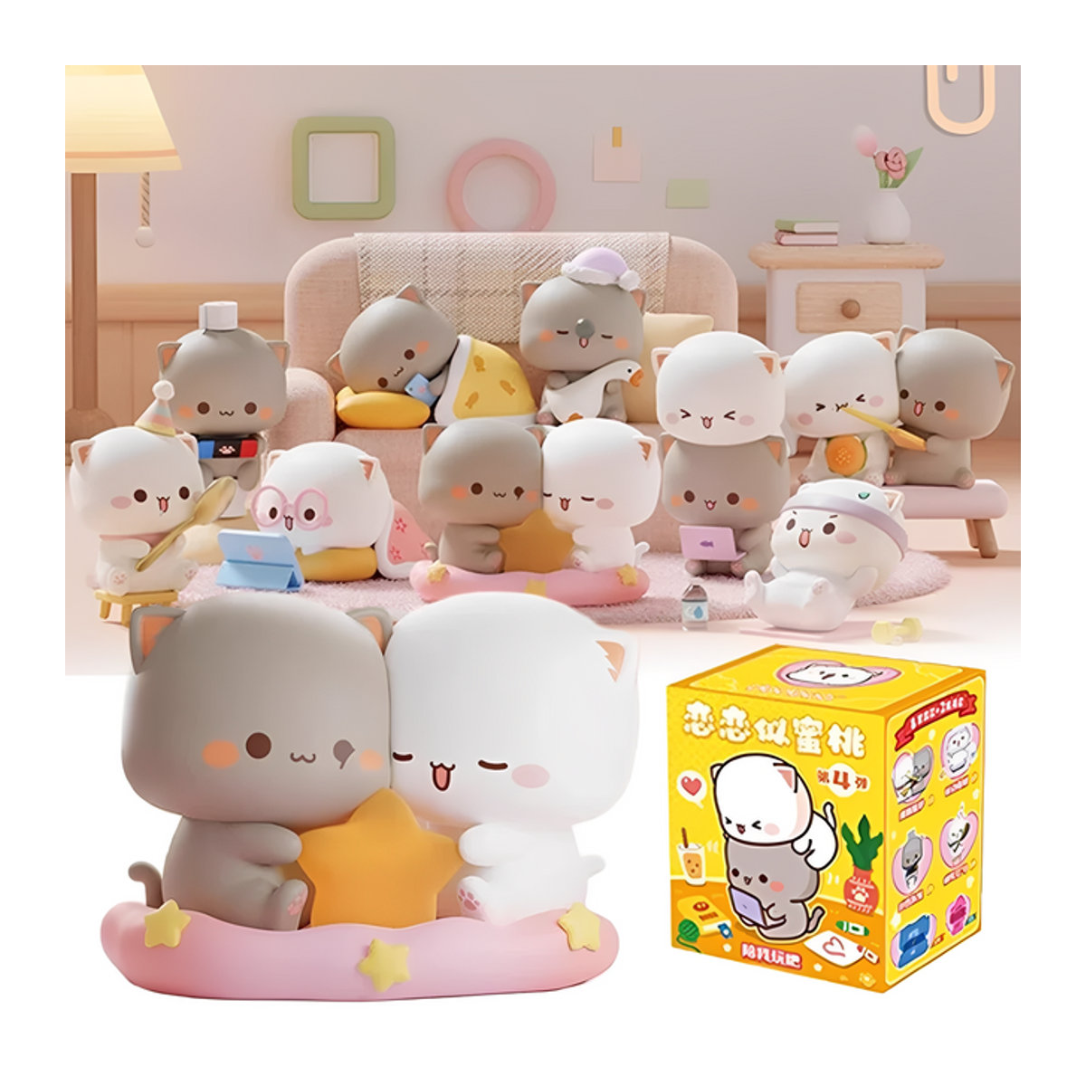 Mitao Cat 4 Blind Box Love Like a Peach Serie Überraschungsbox mit mehrfarbigen Katzenfiguren als niedliches Spielzeug und Ornament - Bild 1