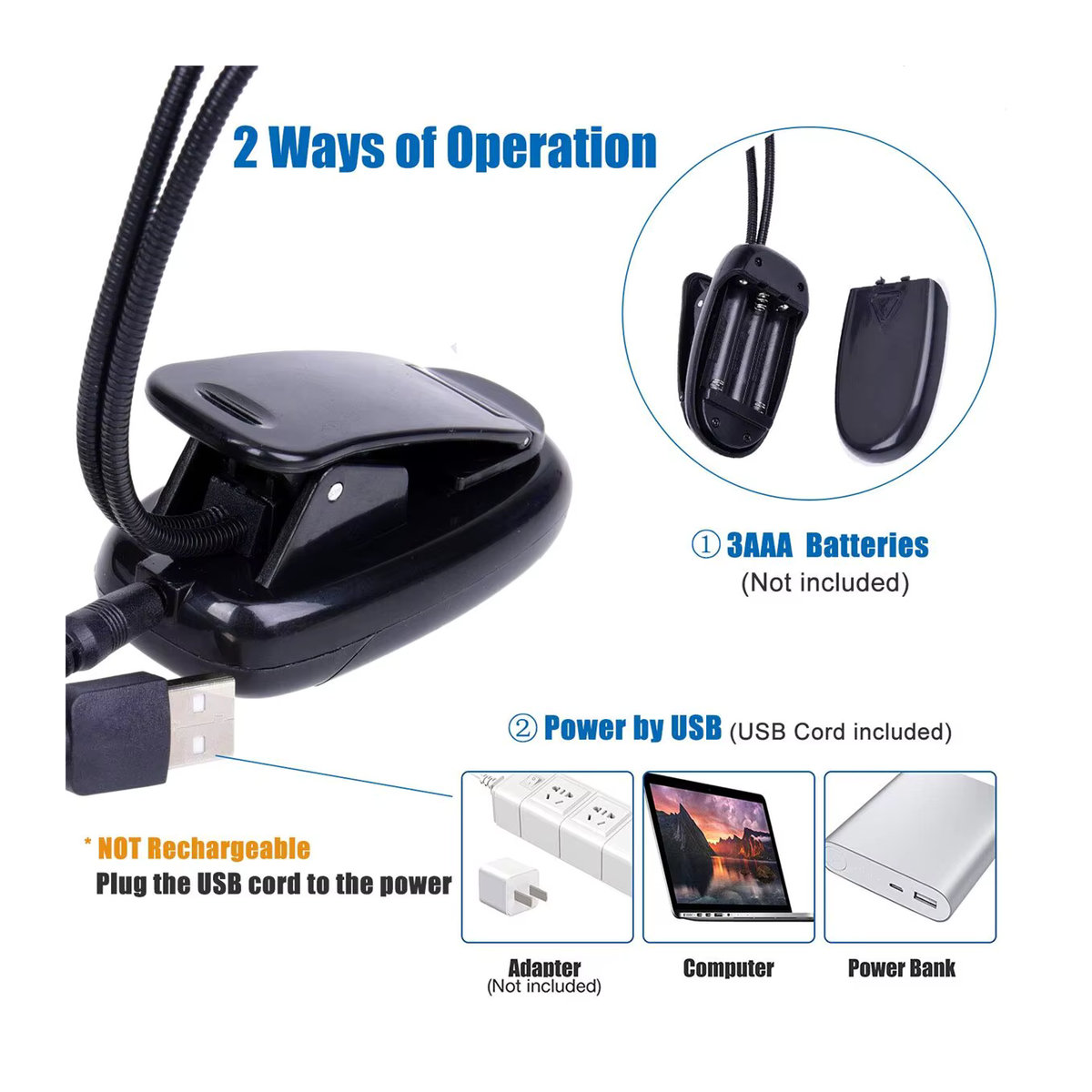 Miwayer LED Clip-On Leseleuchte mit 4 Helligkeitsstufen, USB und AAA-Batterie betrieben, minimalistisches Design für Bücher und Musikständer - Bild 4