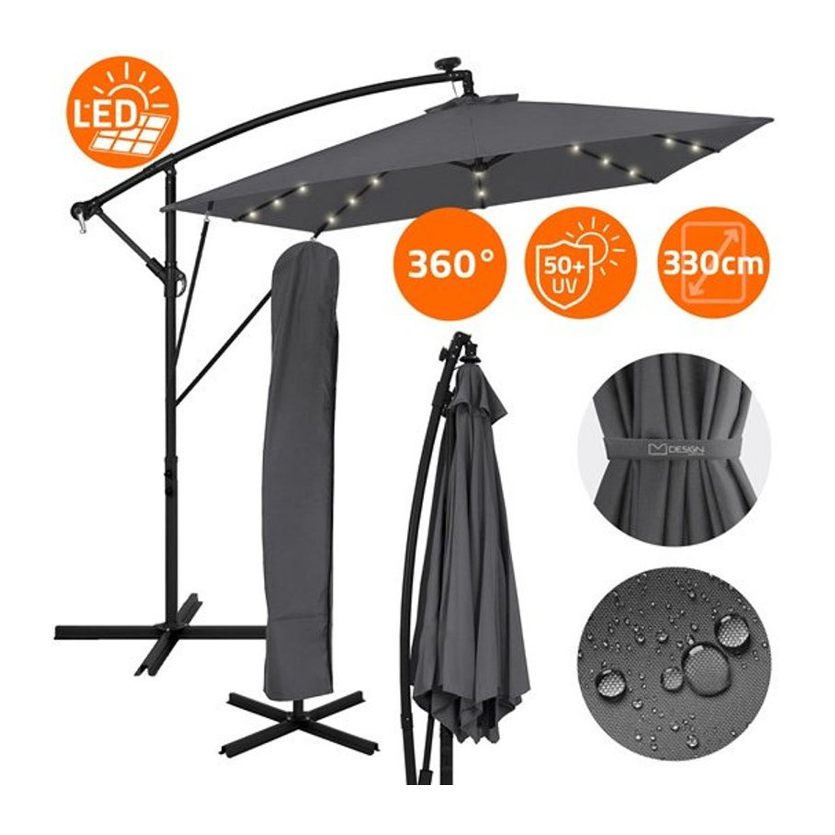 ML-Design Ampelschirm Anthrazit mit LED Solar und Kurbel, Ø 330 cm, 360 Grad drehbar, Aluminiumgestell mit Ständer und Abdeckung - Bild 1