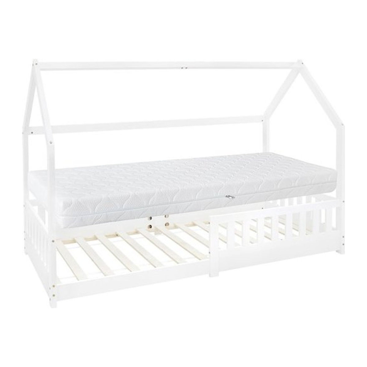 ML-Design Kinderbett Hausbett aus Kiefernholz in Weiß inklusive Matratze und Lattenrost mit Rausfallschutz und Dach, B: 90 cm, L: 200 cm, Matratzenhöhe: 16 cm - Bild 1