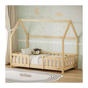 ML-Design Kinderbett Hausbett aus massivem Kiefernholz mit Dach, Rausfallschutz und Lattenrost, Natur, B/T: 160 x 80 cm