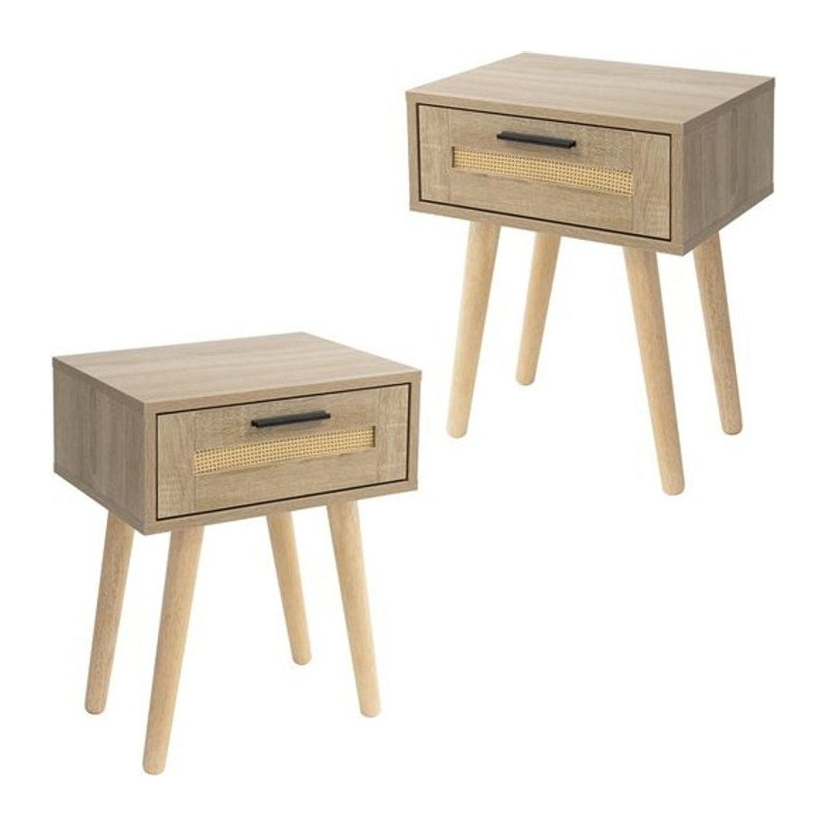 ML-Design Nachttisch 2er Set in Eiche Natur mit Rattanfront und Massivholzfüßen, Modern Skandinavisch, B/T/H: 40 x 50,5 x 30 cm - Bild 1