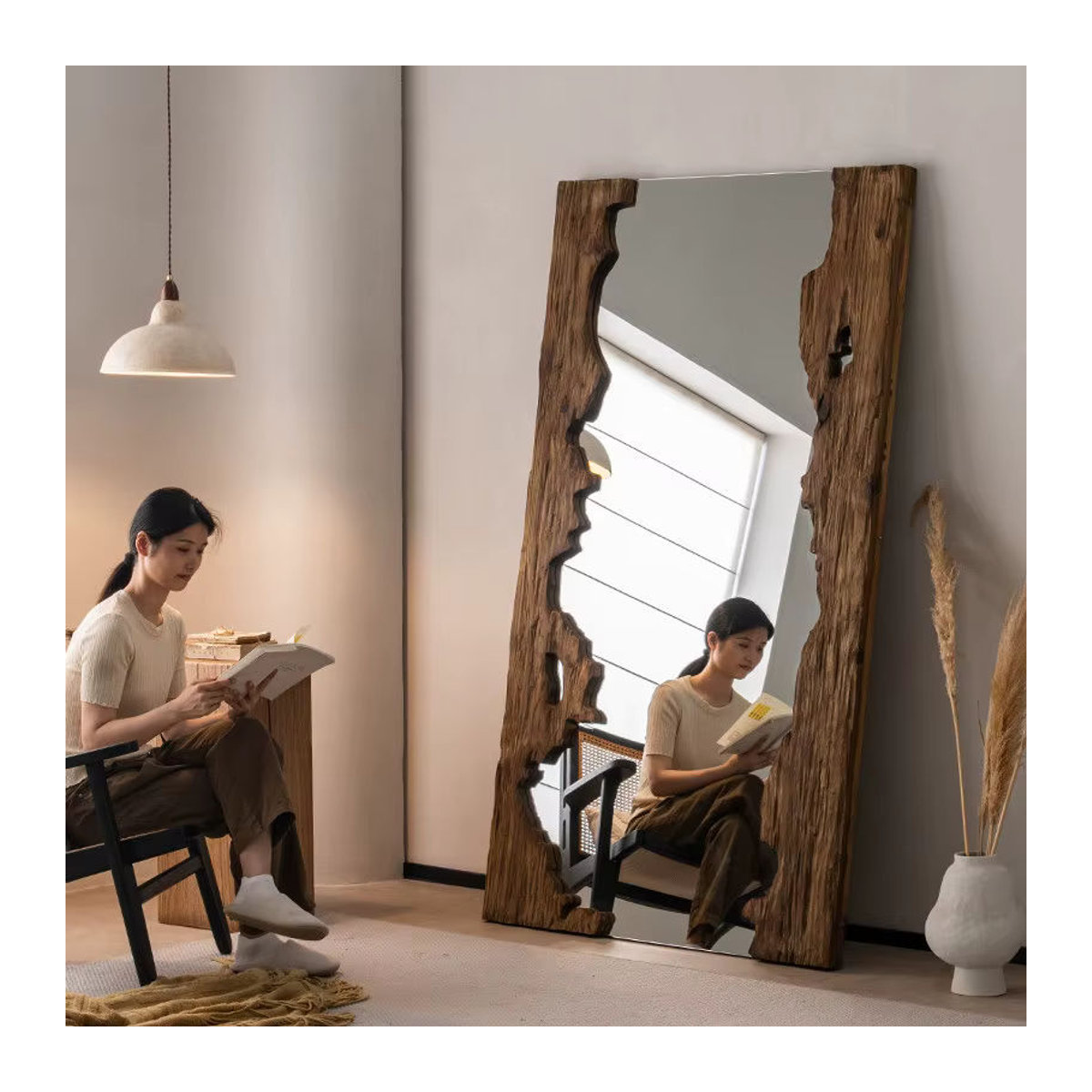 MLG Ganzkörperspiegel aus Holz im Mid-Century-Stil, freistehender Standspiegel in Braun, Rechteckig, H x B x T: 160 x 90 x 160 cm - Bild 3